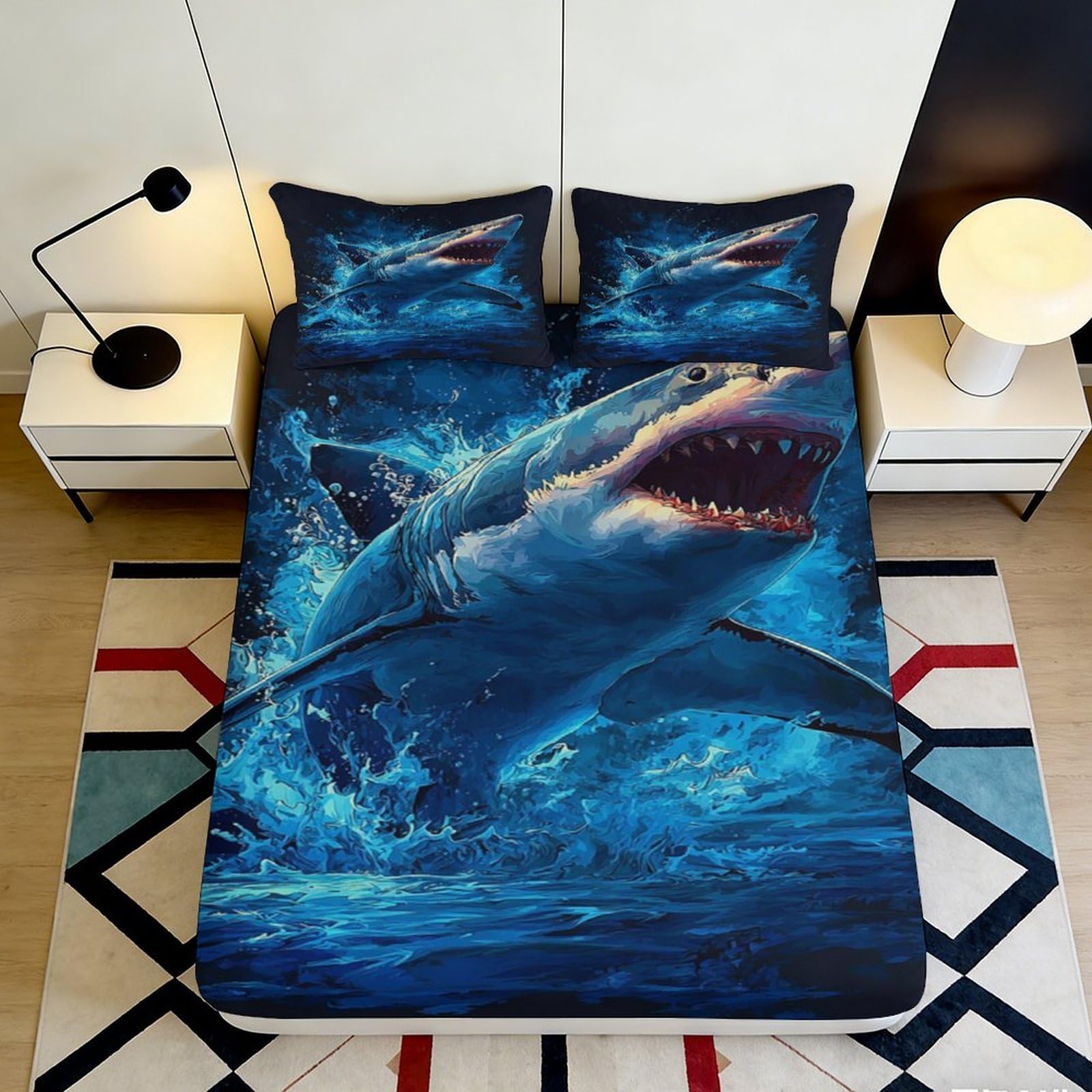3D Printed Shark Pattern Fitted Sheet Microfiber Durable Soft Blue Ocean Bed Cover with 3D Effect Mattress Cover for Bedroom Dormitory Guest Room 160x200x25cm