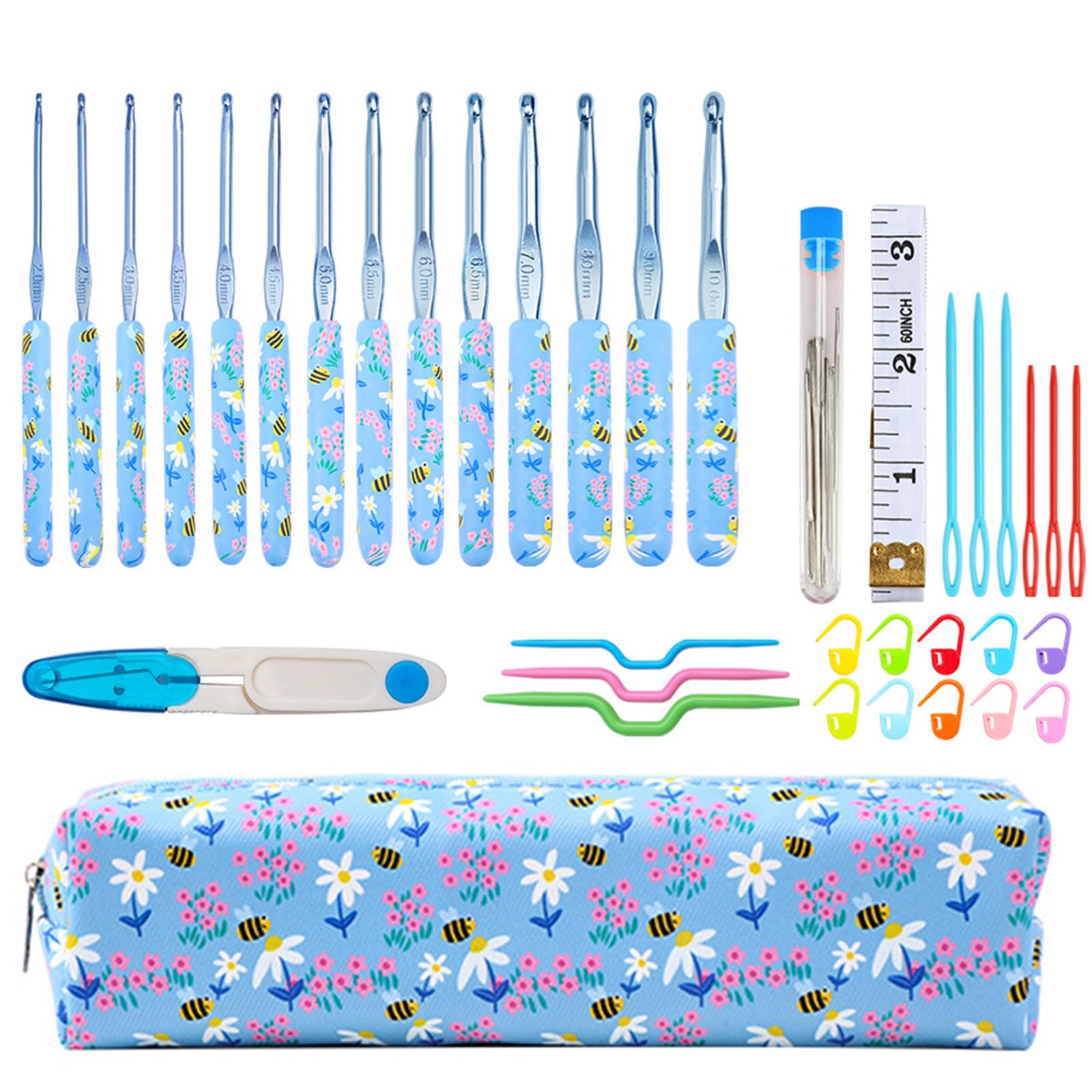 Nucelit 12Pcs Aluminum Crochet Hook for Adult 2.0mm-8.0mm Ergonomic Handle Crochet Hook Includes Knitting Accessories and Case Soft Grip Needle Needle
