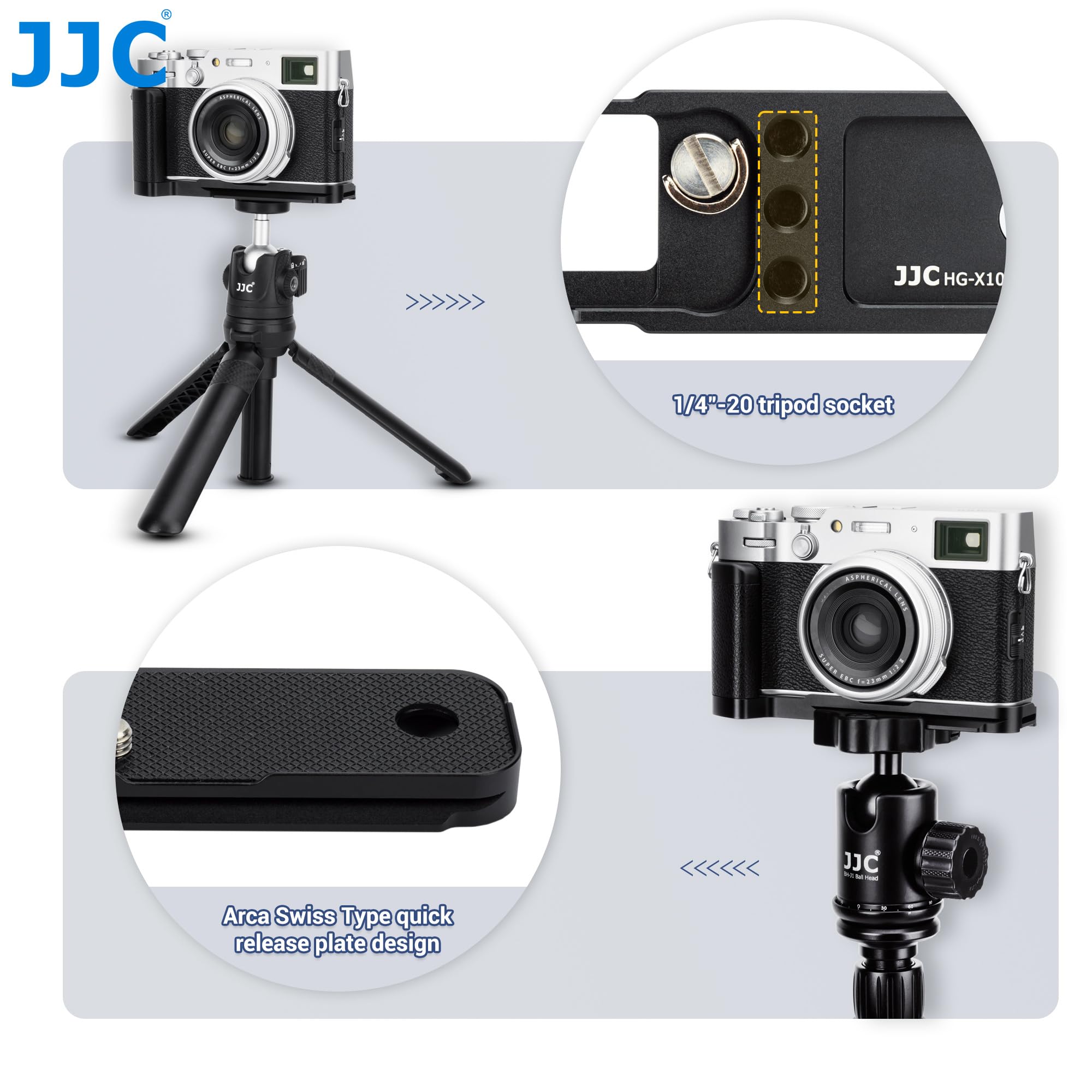 Metalowy uchwyt w kształcie litery L firmy JJC kompatybilny z aparatem Fujifilm X100V, otwór 1/4-20, uchwyt typu Acra z szybkim zwalnianiem, poprawiający wygodę trzymania (czarny)