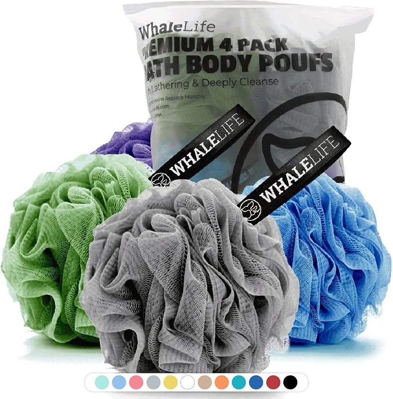 Bucha de banho em rede WhaleLife, pacote com 4, cinza, azul, verde e roxo