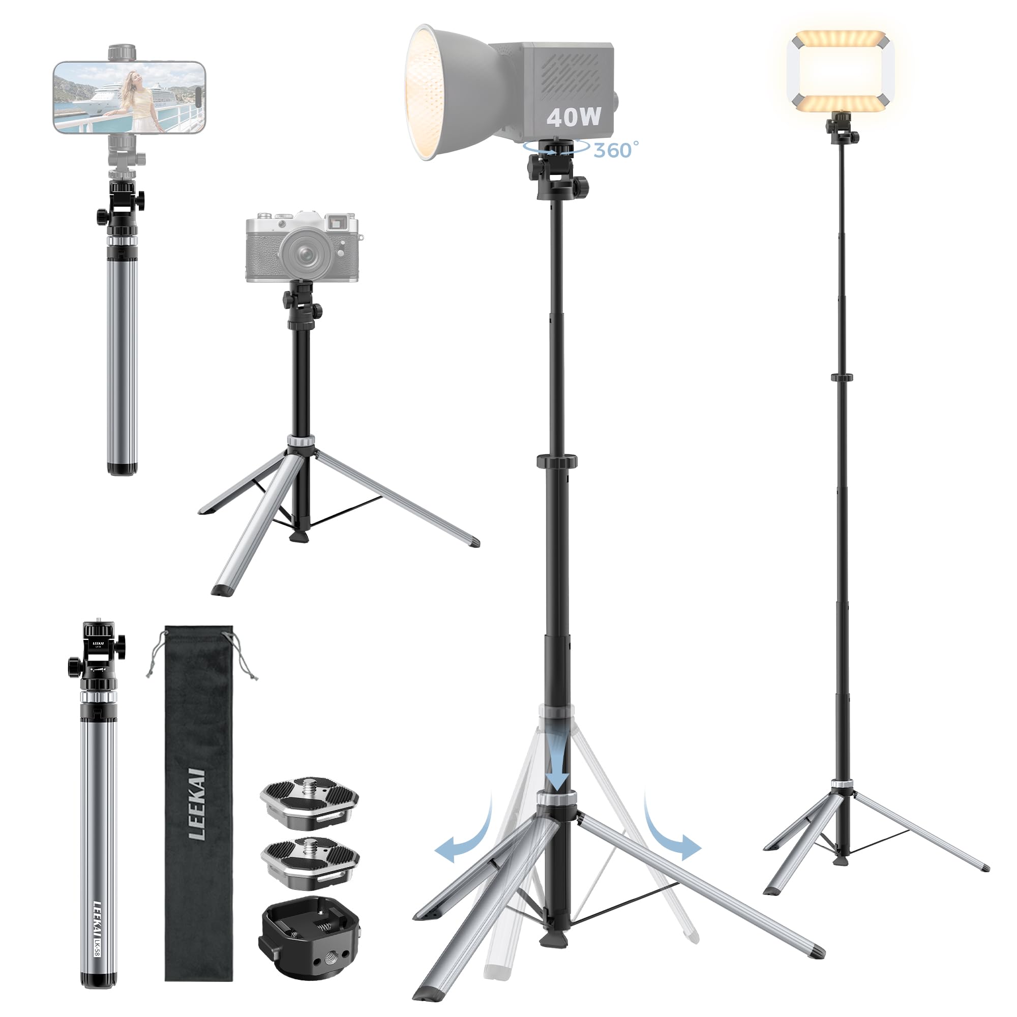 LEEKAI LK58 82'' Auto Pop-Up Light Stand, 360° Ball Head Tripod with QR Set