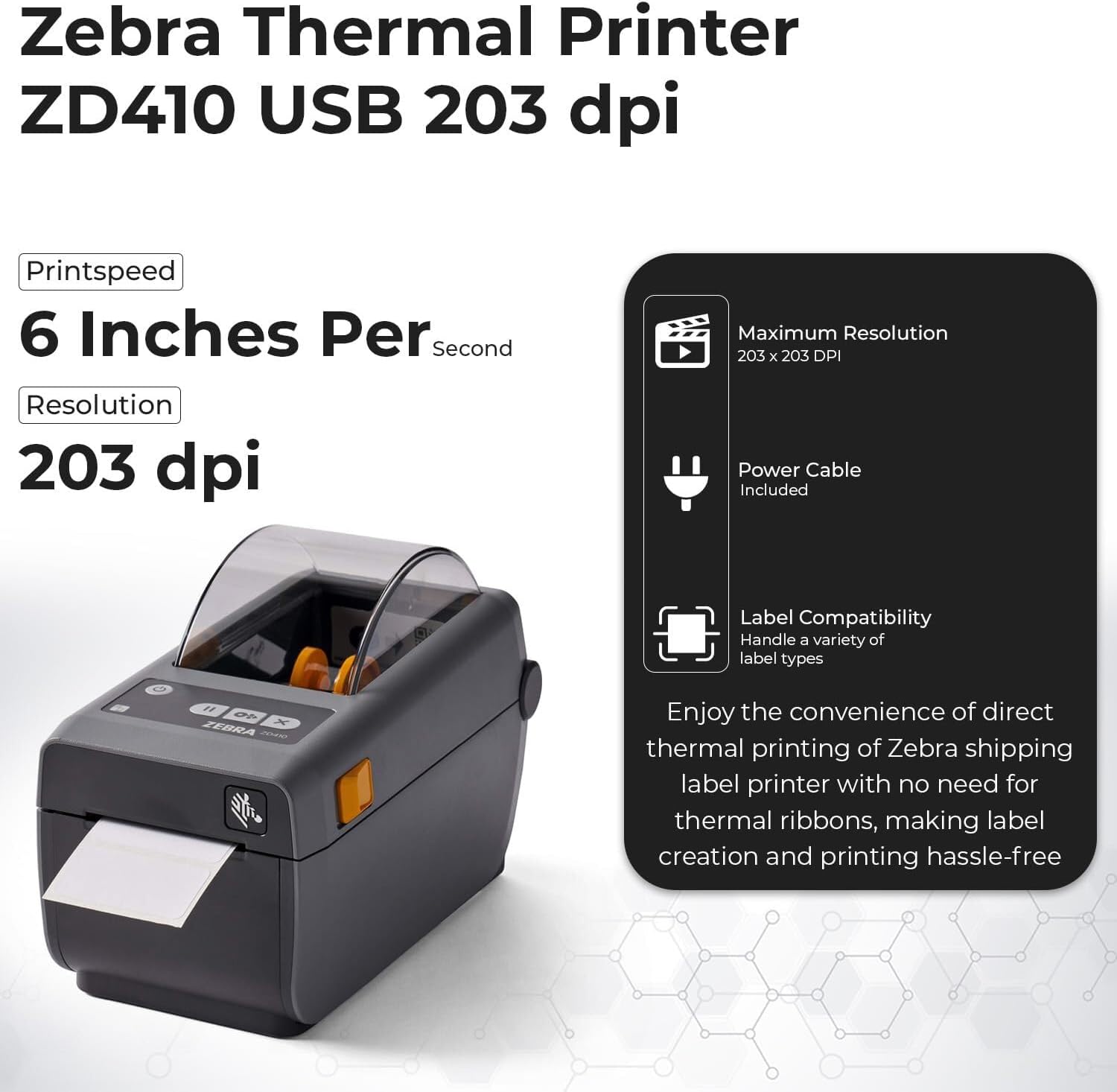 ZD410 Direct Thermal Label Printer for Shipping Barcodes Desktop USB Ethernet Wired Office Use Renewed