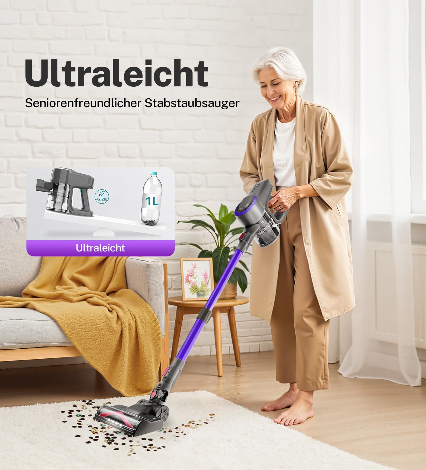 Akku Staubsauger, 30000Pa/55Min Staubsauger Kabellos, Anti-Tangle-Bürste und Selbststehend, Ultraleichter Handstaubsauger akku vacuum cleaner Stielstaubsauger für Teppichen, Hartboden, Tierhaare