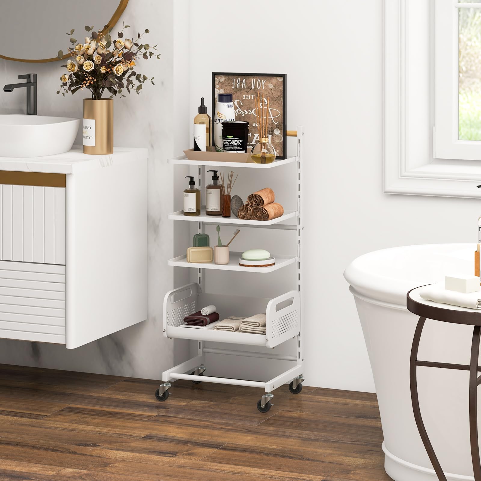 HOMASIS Carrello Portaoggetti con 3 Ripiani e un Cestino, Carrello con Ruote Portatutto Cucina, Carrellino Salvaspazio e Regolabile in Ferro e Legno, Portata 20kg, 35,5 x 29 x 84,5 cm, Bianco