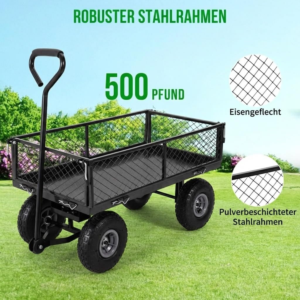 Chariot de jardin robuste - Charge maximale : 500 kg - Chariot utilitaire pliable avec côtés en maille amovibles et insert - Roues pneumatiques de 10" - Poignée de traction - Jardin, cour, agriculture