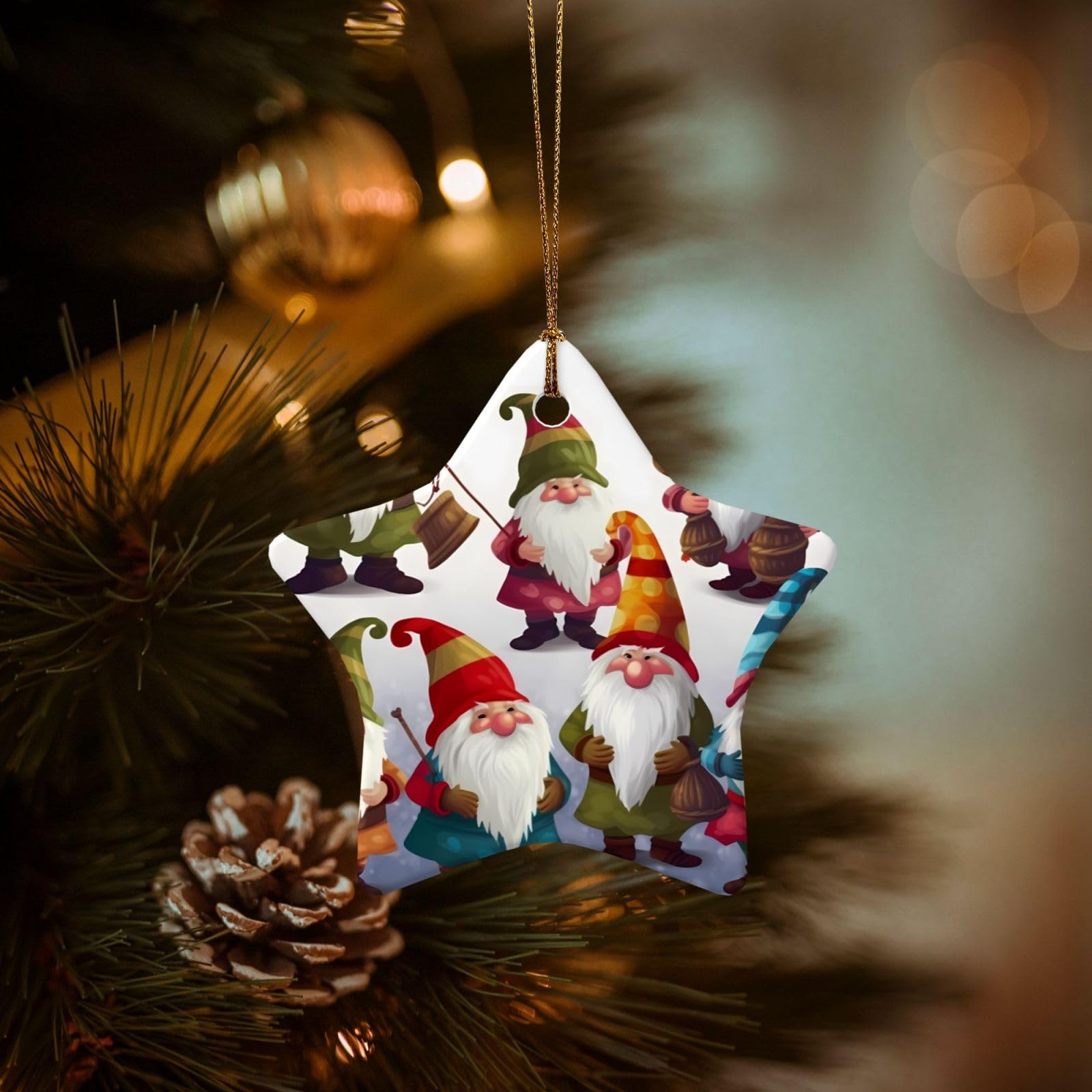 Christmas Ornaments for Christmas Tree Decoration Hanging Xmas Funny Gnomes Ornament with Gold Ribbon Crafts Star Shape Ceramic Pendant for Keepsake Gifts Xmas Decor Party Supplies