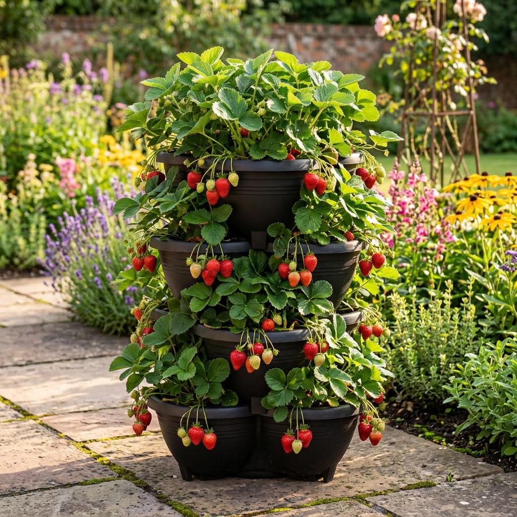 Garden Gear Vertical Stacking Planter Tower Modular Plant Pots for Strawberries Herbs Tomatoes Space Saving Stackable Garden System Weatherproof (4 Tier)