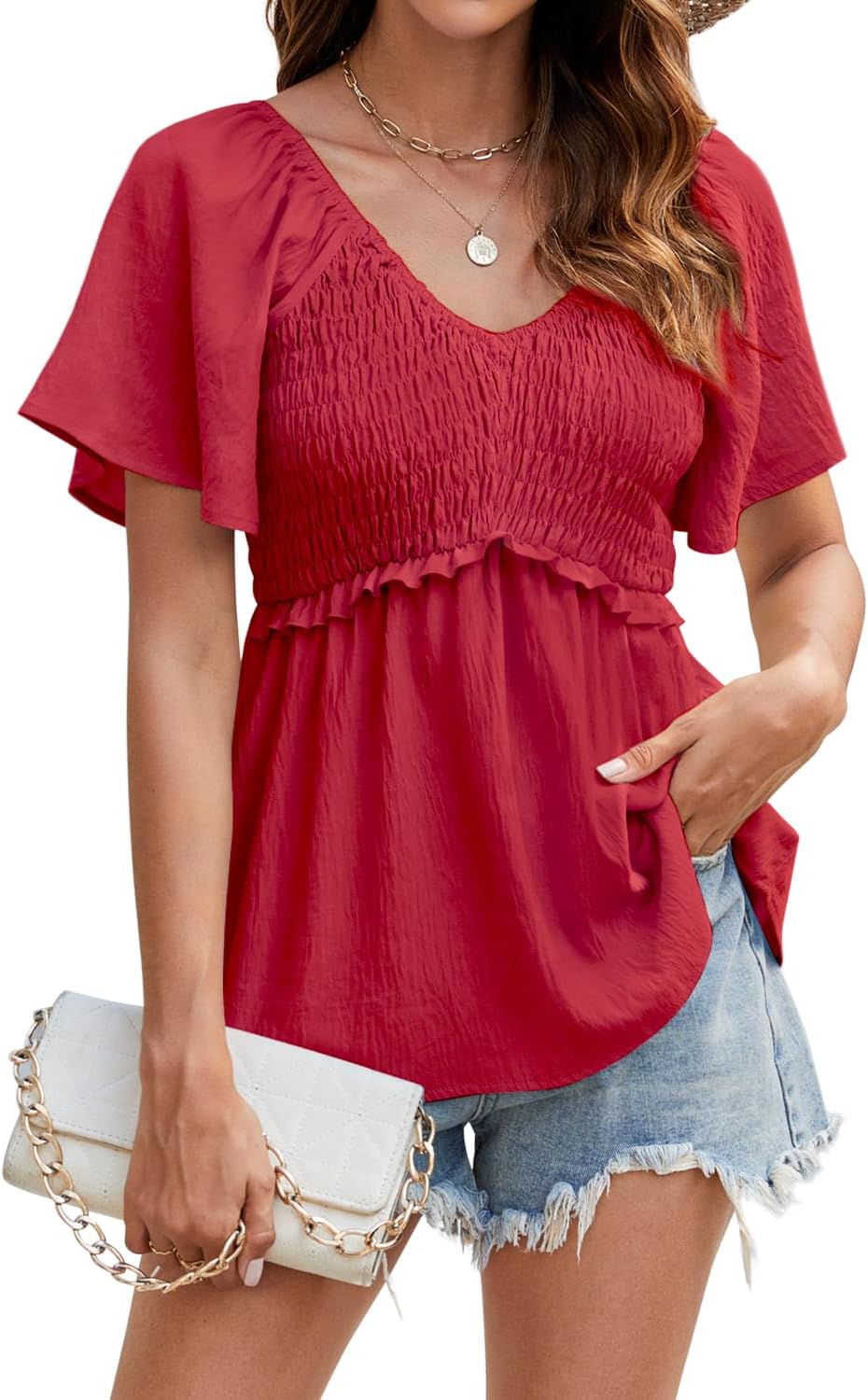 HEYTALALA Women's Summer Peplum Tops Ruffle Trim Short Sleeve Casual V Neck Smocked Blouses Dressy Shirt Red XXL