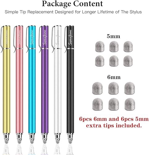 Miniatura 6 de StylusHome Bolígrafos capacitivos para pantallas táctiles (6 unidades), puntas de fibra 2 en 1 con sensibilidad capacitiva con 12 puntas extra