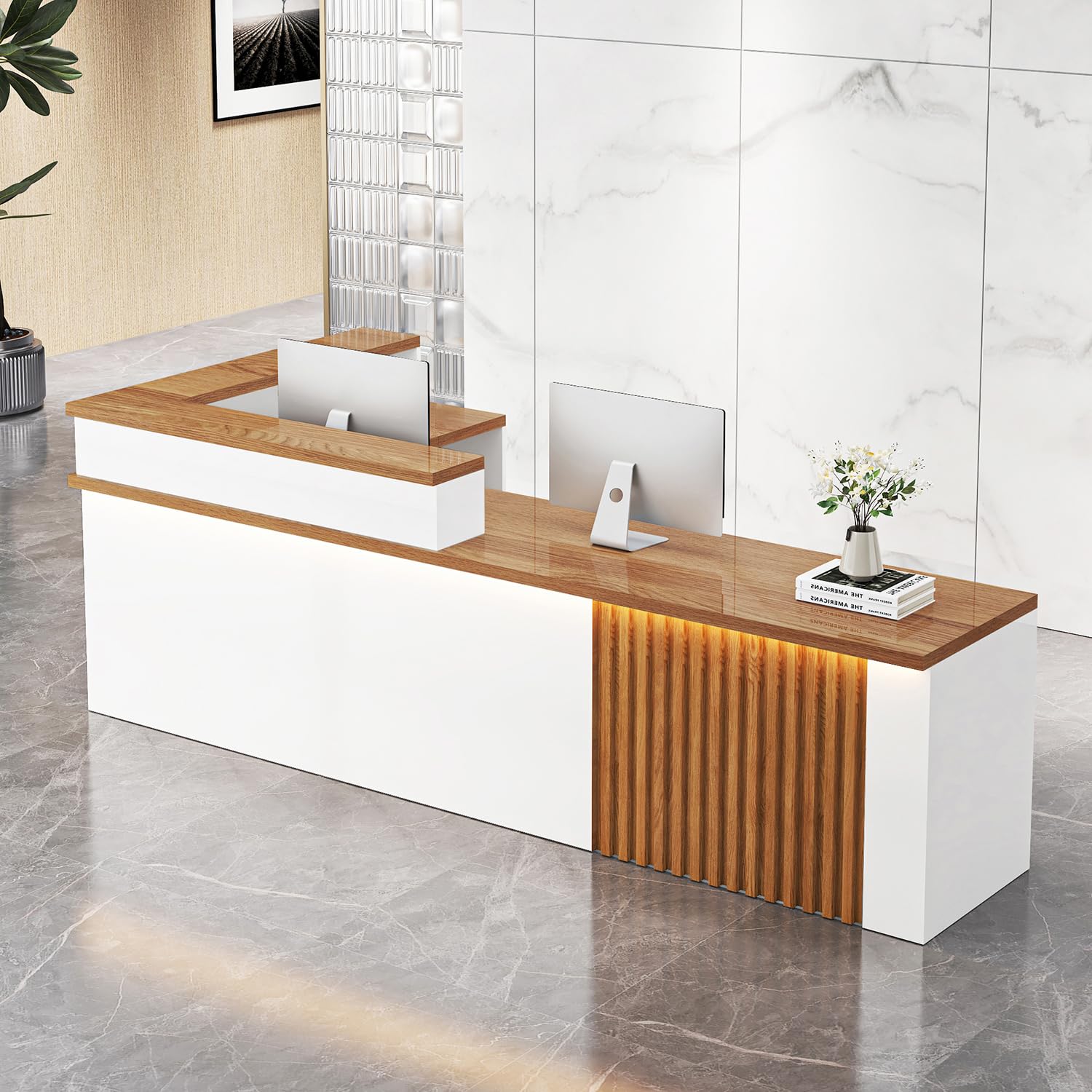 L Shaped Reception Desk with Counter,Front Desk Commercial Reception Counter with Lockable Drawers & LED Lights Retail Checkout Counter for Salon