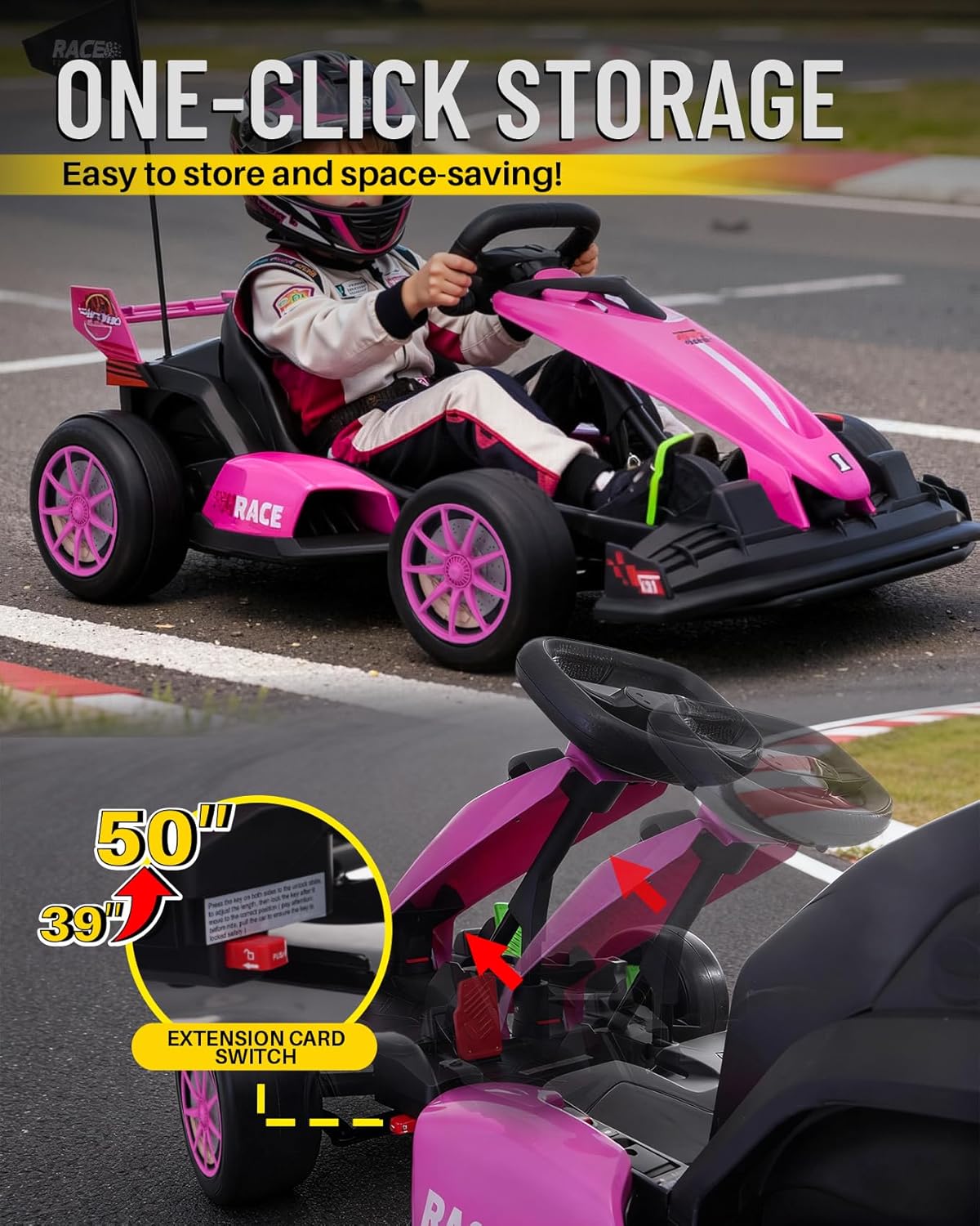 Blitzshark 24V Kids Electric Go Kart 400W with Dual Motors, 9AH Battery, 6.5 MPH Safe Speed, 2-Stage Adjustable Frame, EVA Wheels & Drift Mode, Max 132 lbs Load, Pink