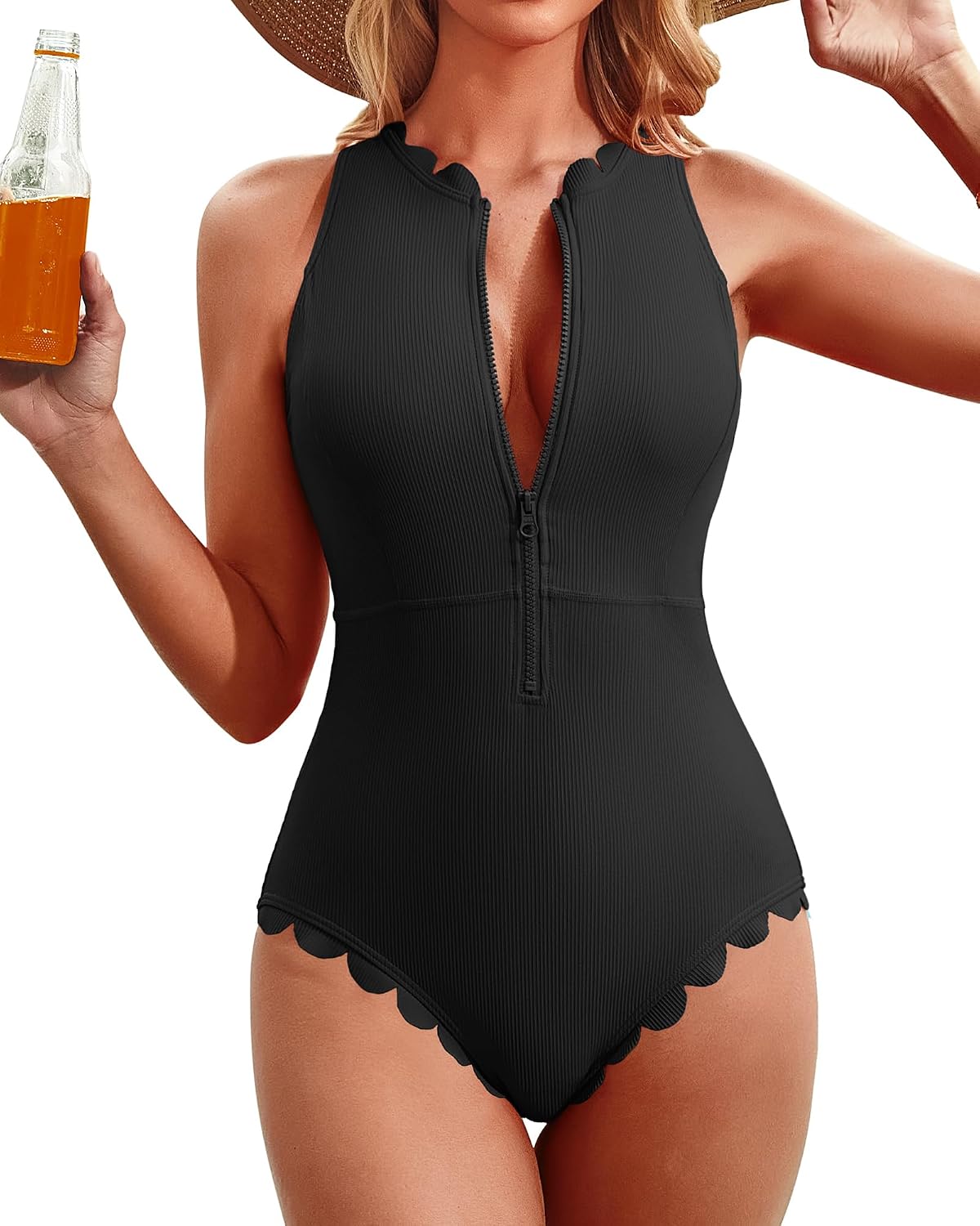 Charmo Scalloped Ribbed One Piece Swimsuit Zipper Racerback Bathing Suit Athletic Swimwear - Review, Price and Buying Guide