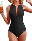 Scalloped Ribbed One Piece Swimsuit Zipper Racerback Bathing Suit Athletic Swimwear