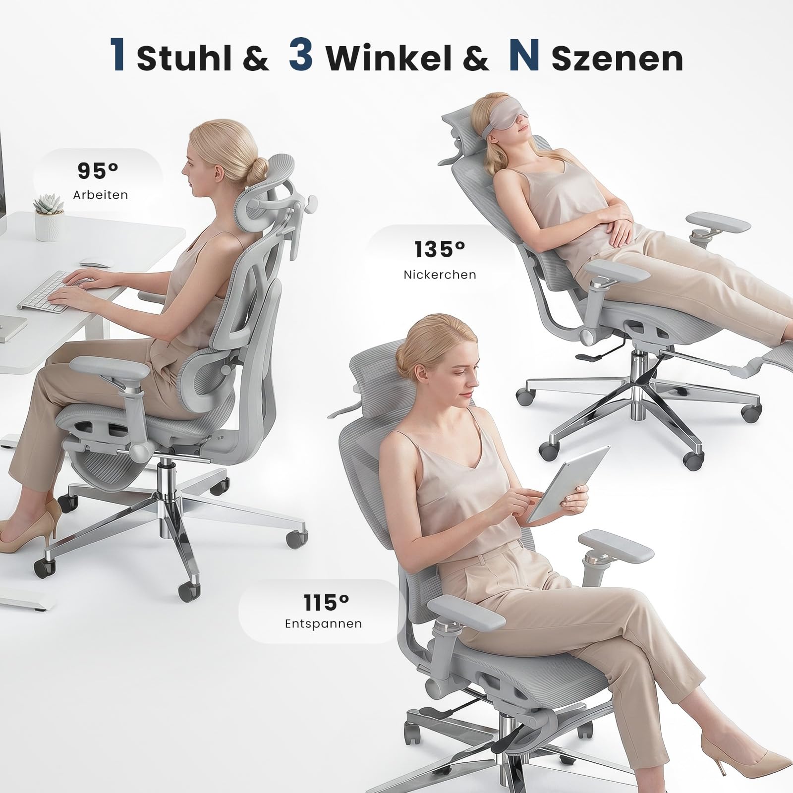 Ergonomischer Bürostuhl mit 6D Armlehnen Lordosenstütze für Homeoffice Grau