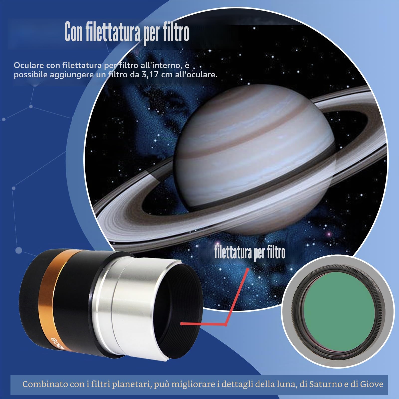 Svbony Oculare 4mm, HD Completamente Rivestito Oculare Telescopico Lente Asferica Grandangolo da 62 Gradi, 1,25” Accessori Telescopio con Filettatura Filtro per Luna Giove Osservazione Planetaria