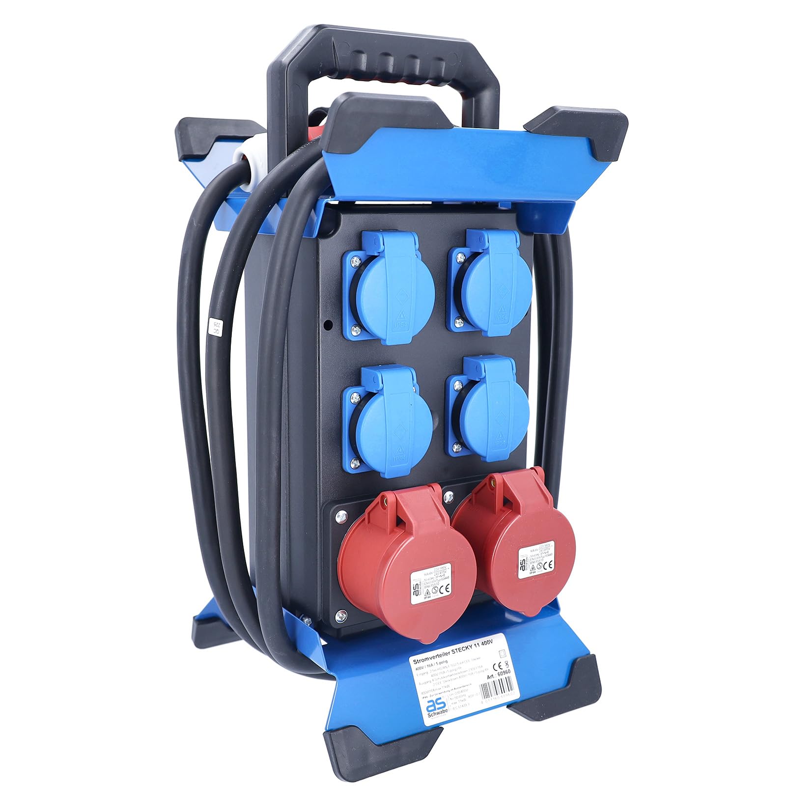 as - Schwabe Tragbarer Stromverteiler STECKY 12 - CEE Stecker 400V/32A/5polig - 4x Schuko, 1x CEE 16A, 1x CEE 32A – Mobiler Adapter – Verteiler für Innen & Außen – IP44 – Made in Germany, 60962
