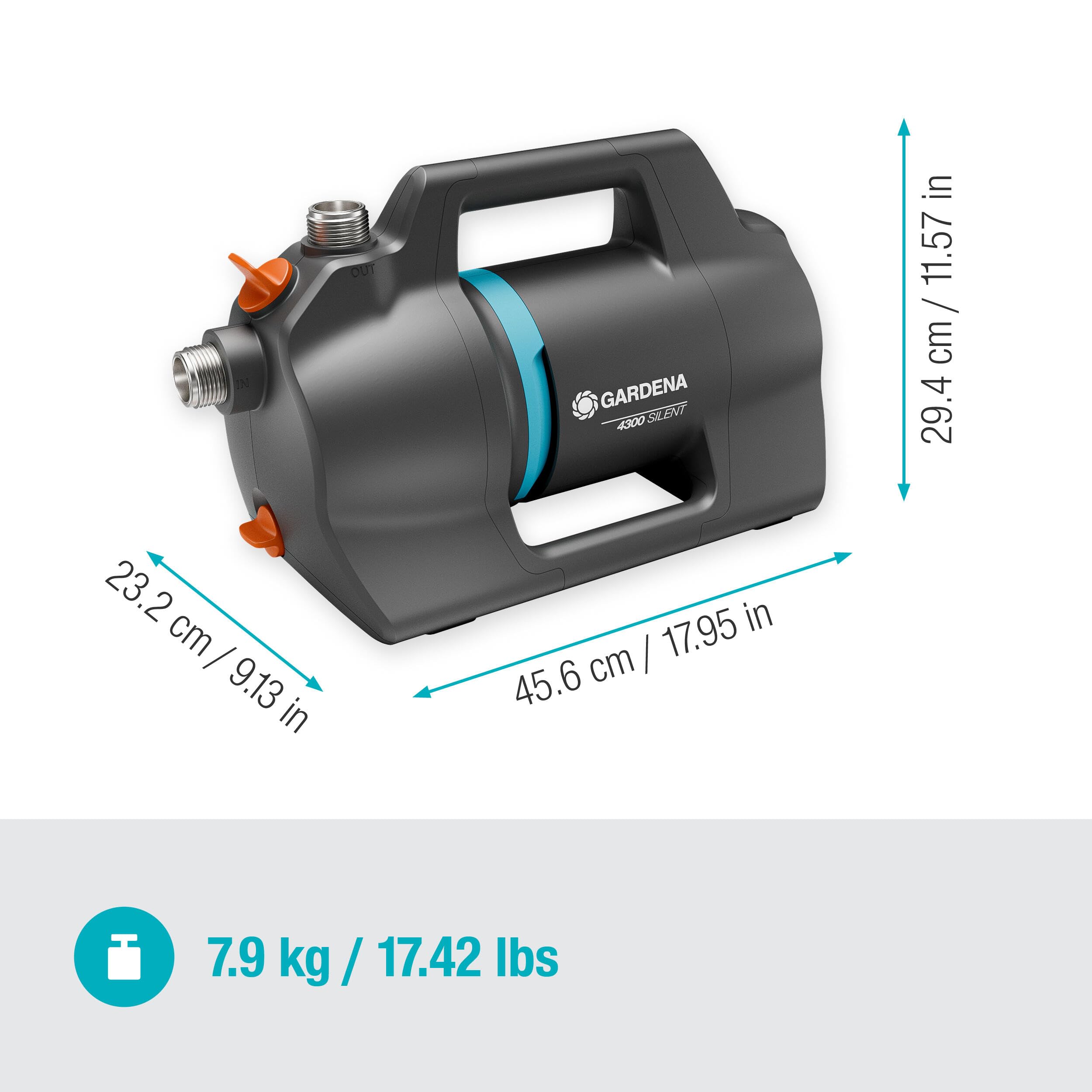 Gardena Gartenpumpe 4300 Silent: Sehr leise Bewässerungspumpe mit innovativem Gehäuse, Fördermenge 4300 l/h, 650 W Motor, doppeltes Dichtungssystem, stromsparend und wasserfest (9056-20)
