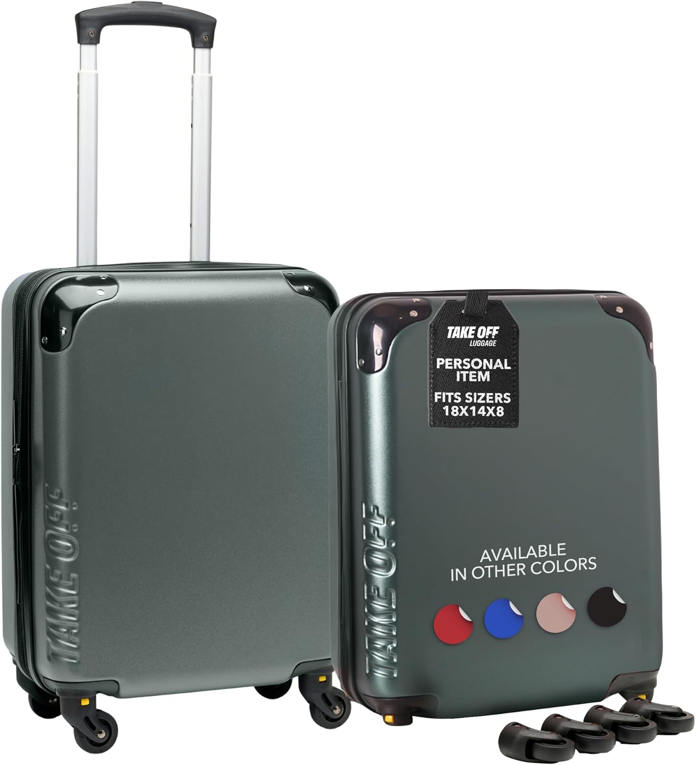Take OFF Luggage 18 Inch Personal Item Suitcase 2.0 with Removable Wheels Converts from Carry-On into Under the Seat Luggage and fits Airline Sizers 18x14x8 Inches 18 inch - 2.0 Green