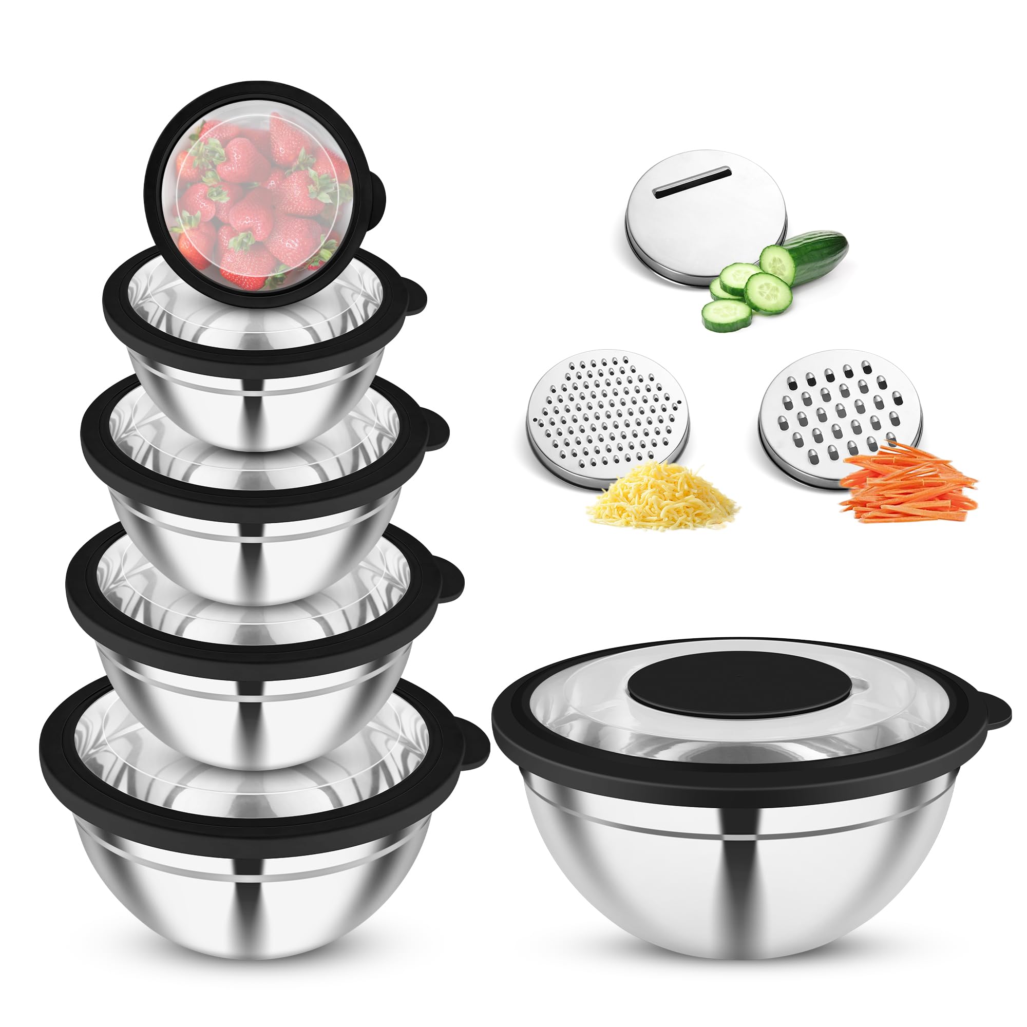 Joyfair Rührschüssel 6er Set, Edelstahl Schüssel mit Transparenter Deckel & 3 Reibenaufsätzen, 4,5L/2,7L/2L/1,5L/1,2L/0,7L, Salatschüssel zum Kochen Backen, Stapelbar & Spülmaschinenfest, Schwarz