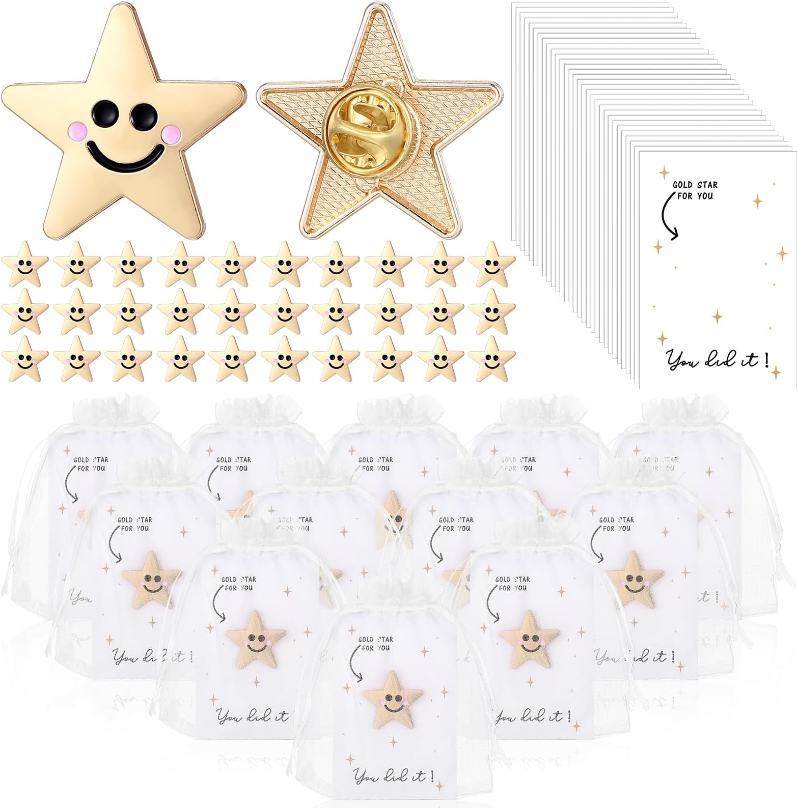 30 Sets Golden Star Pins for Backpacks Bulk Back to School Gifts Gold Backpack Pins with Motivational Cards and Organza Gifts Bags Star Badge
