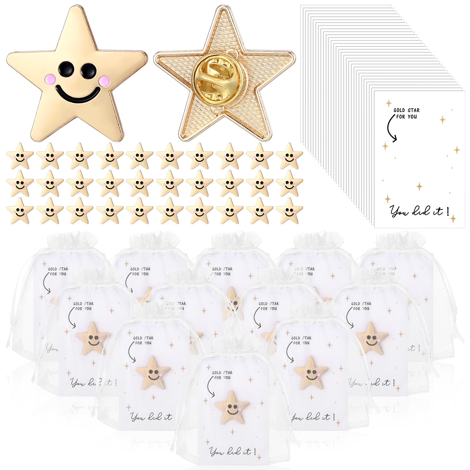 Yinkin 30 Sets Gold Stars Pins Bulk, Christmas Brooch Pins Gifts