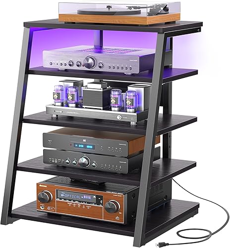 Miniatura 13 de Armocity Soporte multimedia AV de 4 niveles con regletas de alimentación, soporte de TV de esquina con luces LED, torre de audio en rack con Negro