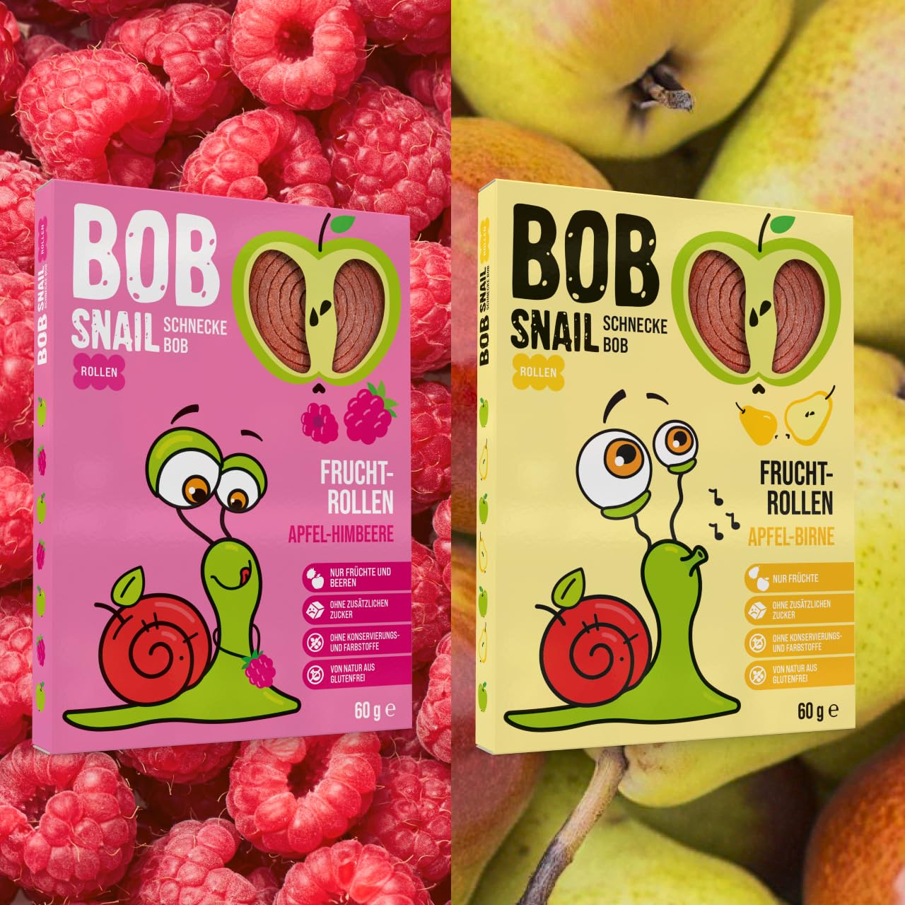 BoB Snail Fruchtrollen aus 100 % Trockenobst – Apfel-Birne & Apfel-Himbeere (je 10 Stück, 20×60 g) – vegan, ballaststoffreich, kalorienarm & ohne Zuckerzusatz – natürlicher Fruchtsnack ohne Zusatzstof