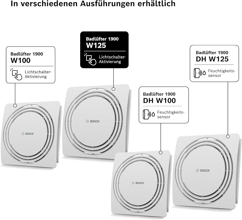 Ventilator de baie silențios Bosch Thermotechnik 1900 pentru tubulatură cu diametrul de 125 mm, împotriva umidității și mucegaiului, pentru ventilație WC, cu conectare la întrerupătorul de lumină