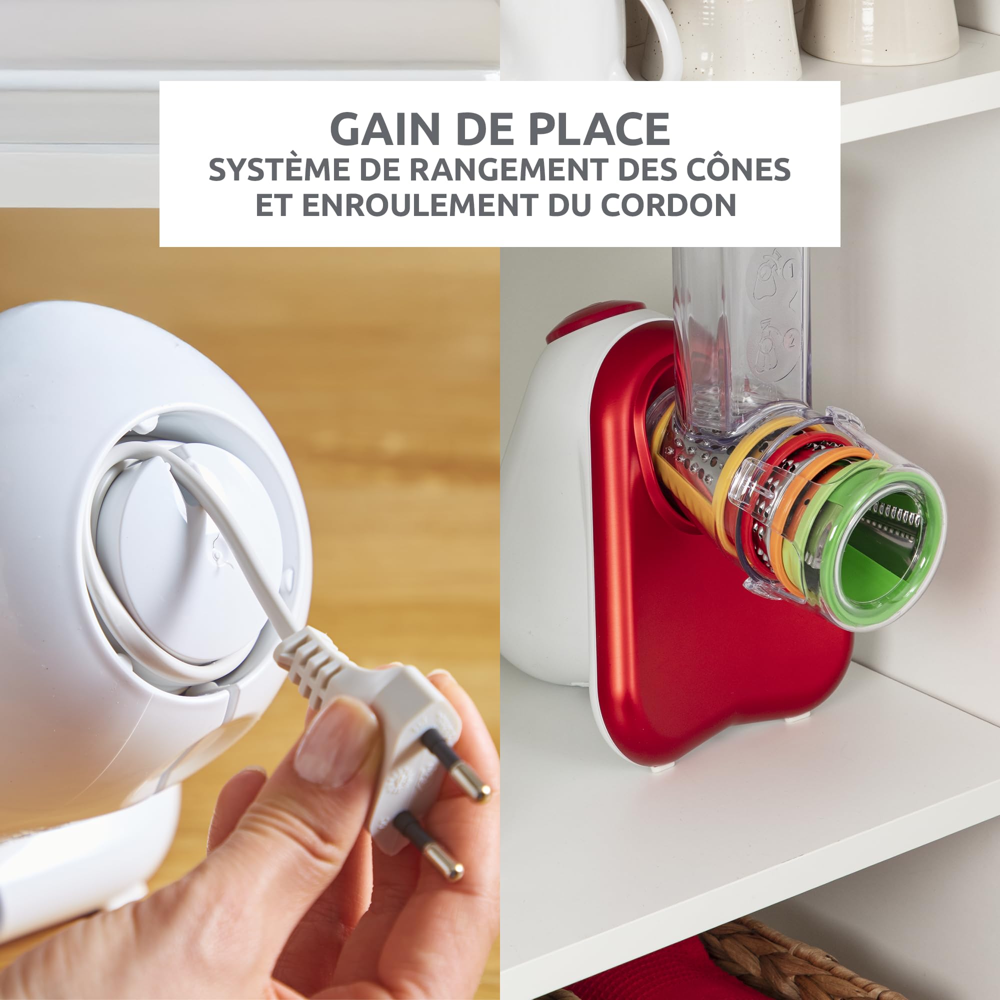 Moulinex Fresh Express Découpe-légumes 5-en-1, Tranche, Emince, Râpe, Large tube d'alimentation, Cône avec code couleur, Fabriqué en France DJ755G10, Rouge, Blanc