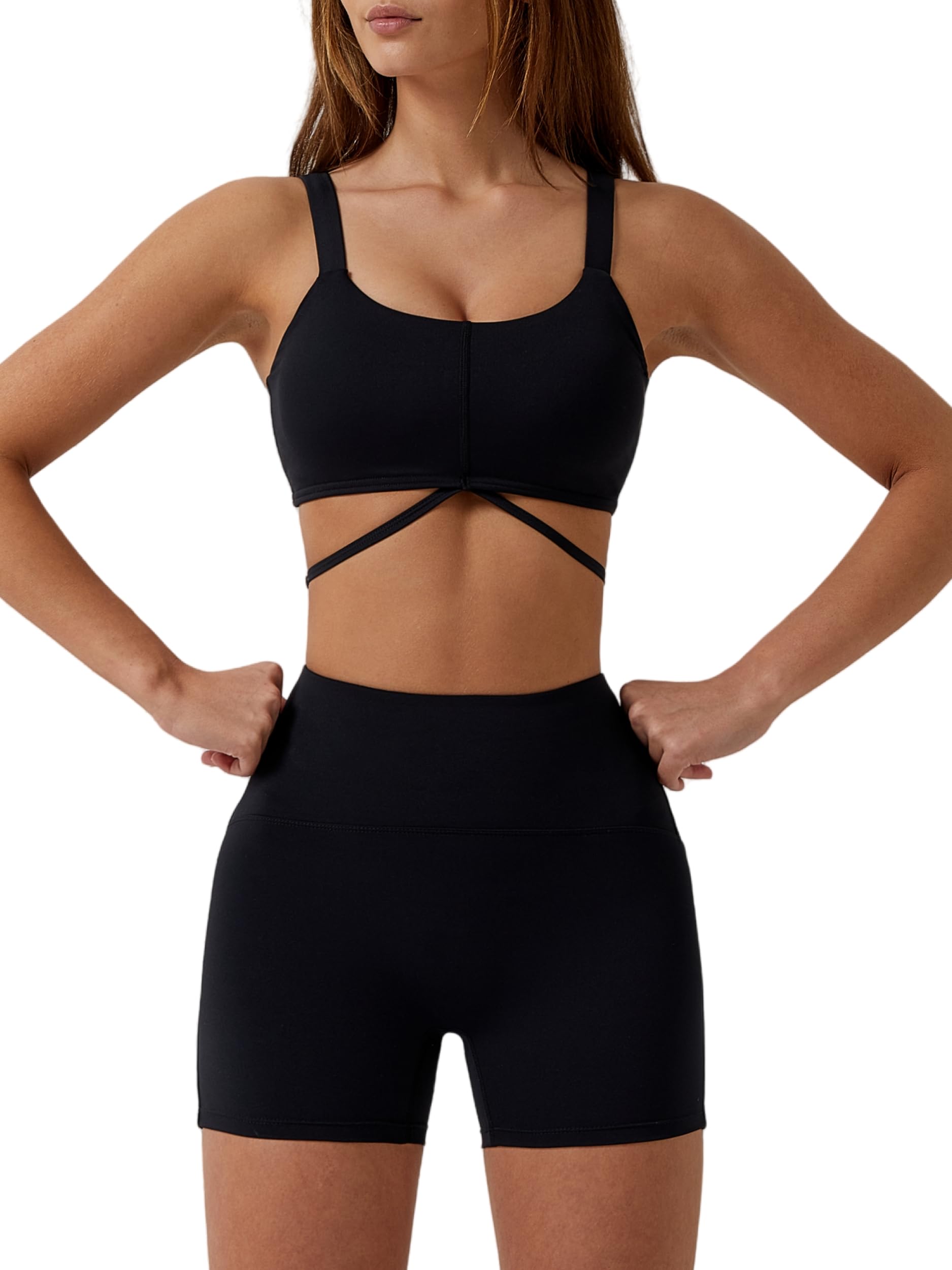 ABOCIW Workout Sets for Women 2 Piece Twist Front Halter Sports Bras High Waist Biker Shorts Exercise Gym Yoga Outfit