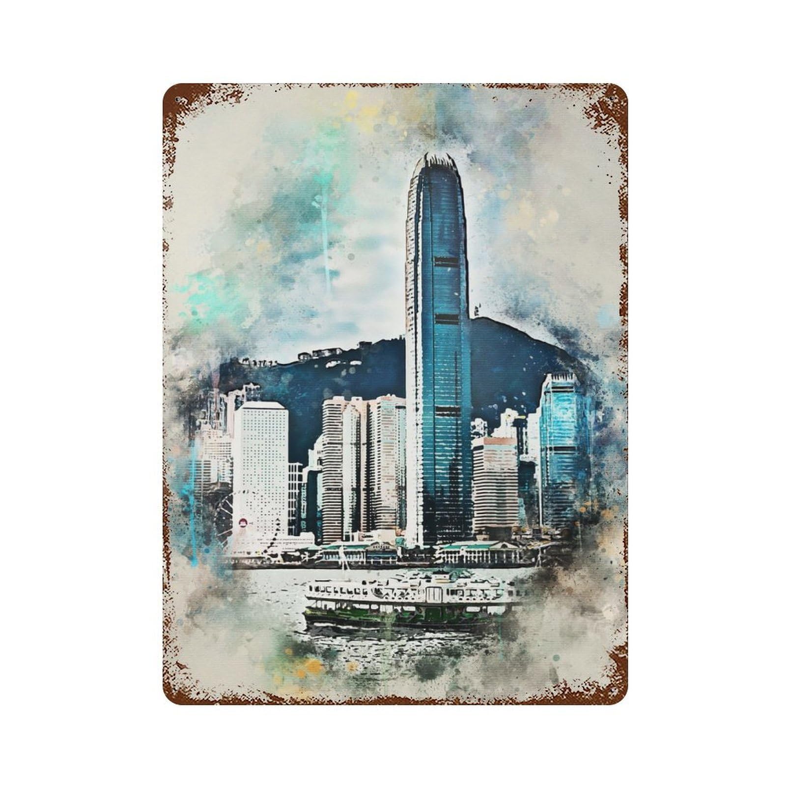 Distressed Metal Wall Sign Watercolor Hong Kong 15.7"x11.8", Vintage Wall Decor for Garage, Bar And Workshop Decor