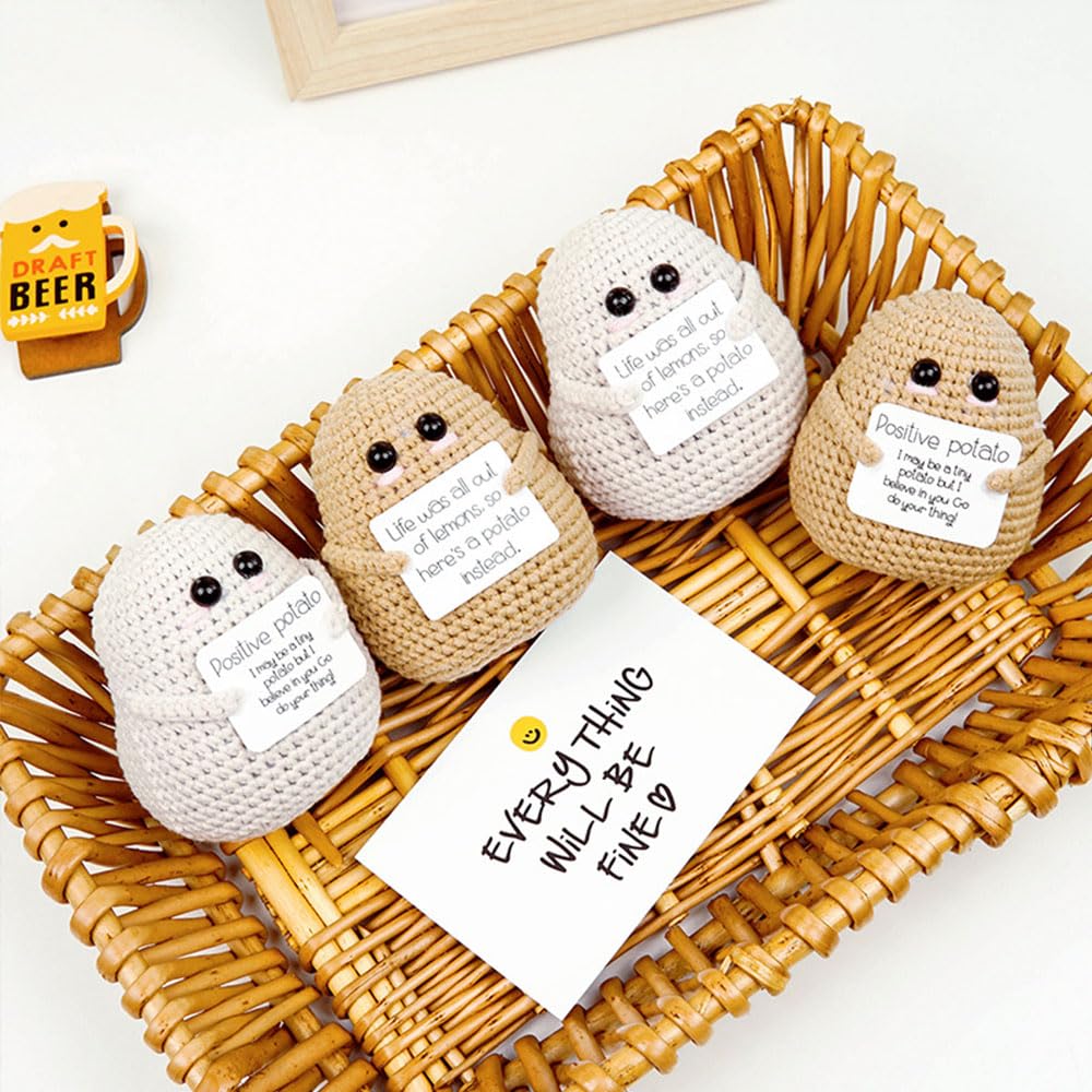 Handmade Crochet Potato Doll With 30 Positive Message Cards - Uplifting Gift For Friends, Coworkers, Besties (Emotional Support Toy)