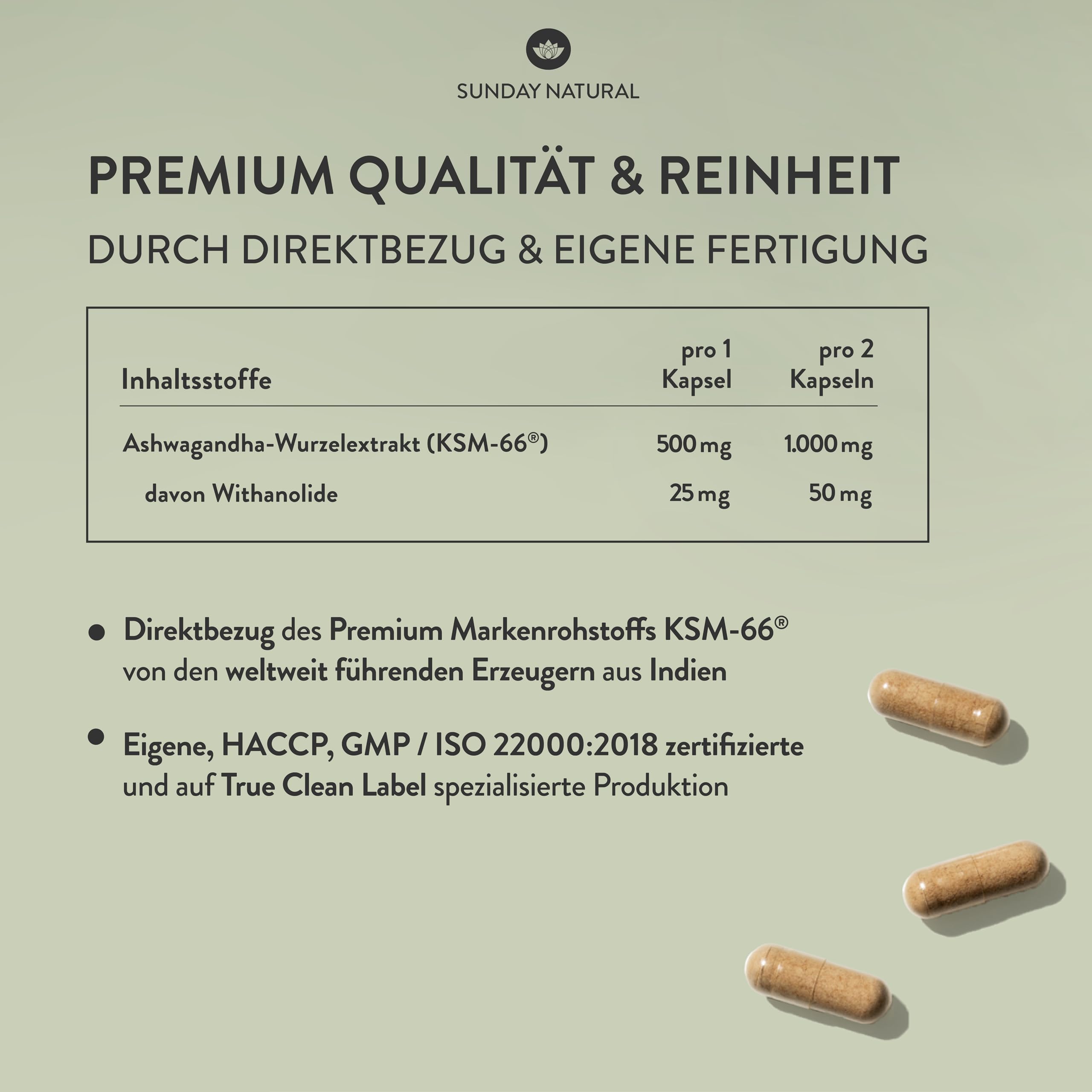 SUNDAY NATURAL® Bio Ashwagandha Kapseln - Premiumrohstoff KSM-66® – 180 Kapseln - 1.000mg Wurzelextrakt mit 50mg Withanoliden (5%) pro Tagesdosis – Ashwaganda aus Indien