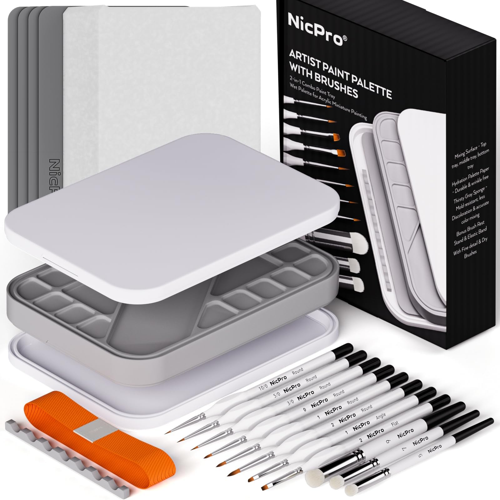 Nicpro Miniature Painting Kit with Wet Palette, 11PCS Detail Paint Brushes Drybrush, 100PCS Wet Pallet Paper, 4PCS Sponge, Brush Holder Mixing Paint Saver Palette for Model Painting