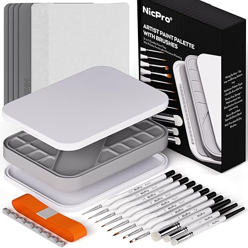 Nicpro Miniature Painting Kit with Wet Palette, 11PCS Detail Paint Brushes Drybrush, 100PCS Wet Pallet Paper, 4PCS Sponge, Brush Holder Mixing Paint Saver Palette for Model Painting - White