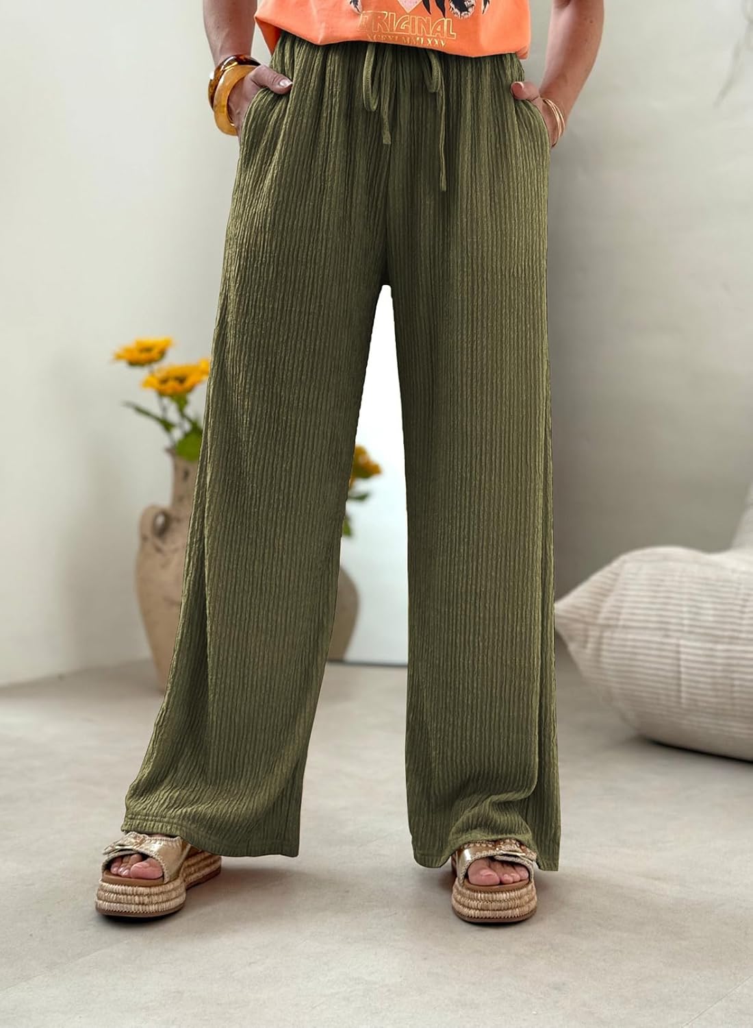 Samefar Womens Linen Pants Casual Summer Flowy Wide Leg Drawstring Palazzo Pants Work Business Trousers with Pockets - Image 5