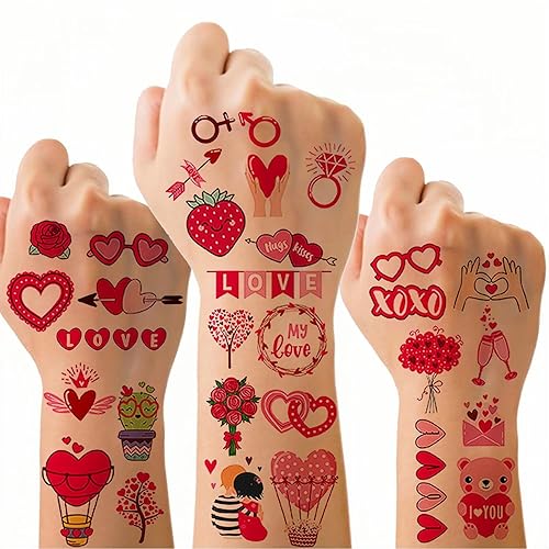 Miniatura 10 de Tatuaje temporal para el día de San Valentín para adultos y niños, tatuajes falsos de labios de corazón, flores de rosa, calcomanías luminosas de
