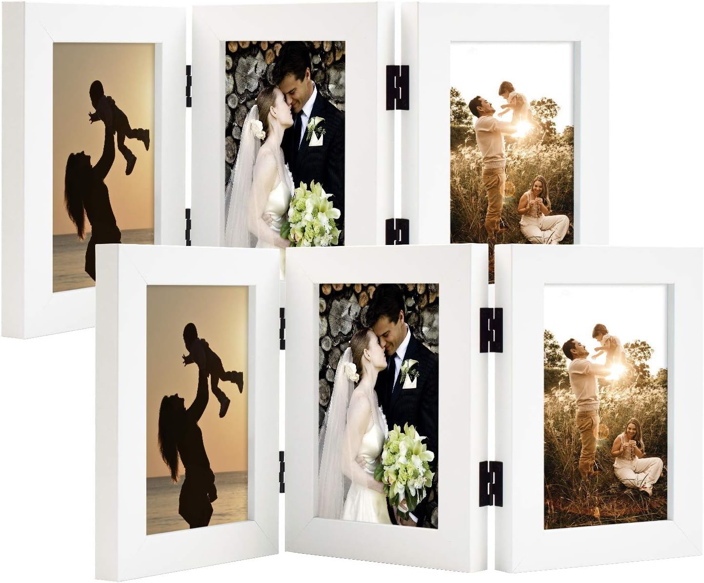 Golden State Art, 4x6 Three Picture Frame Trifold Hinged Photo Frame with 3 Openings, Desk Top Family Picture Collage, with Real Glass (4x6 Triple, White, 2-Pack)