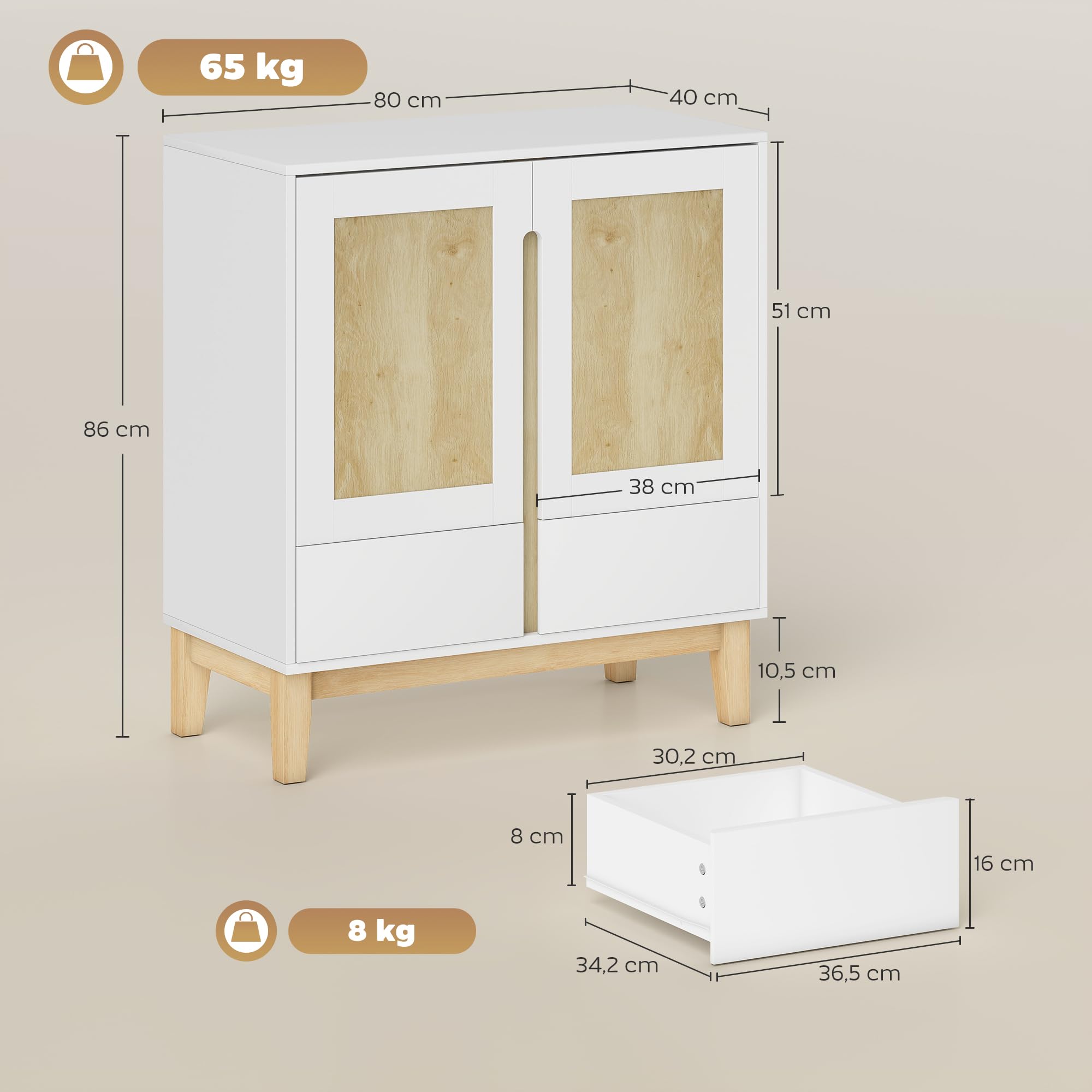 HOMCOM Buffet 2 Portes 2 Tiroirs Nordique 80 x 40 x 86 cm Blanc et Chêne | Meuble de Rangement, Étagère Réglable, Pieds en Bois de Caoutchouc, Buffet Salle à Manger, Cuisine et Salon