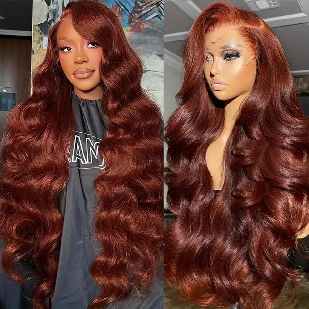 26 Inch Reddish Brown Lace Front Wig - Human Hair Body Wave Lace Front Wig - 180% Density - Pre Plucked with Baby Hair - Auburn Brown