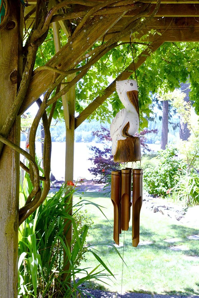 Cohasset Gifts Bamboo Wind Chime | #115P | "Pickford" Pelican Bamboo Wind Chime | Nautical, Outdoor, Home Décor for Decks, Garden, Porch | Pelican Approximately 14" | Hand Carved Distressed White Finish |
