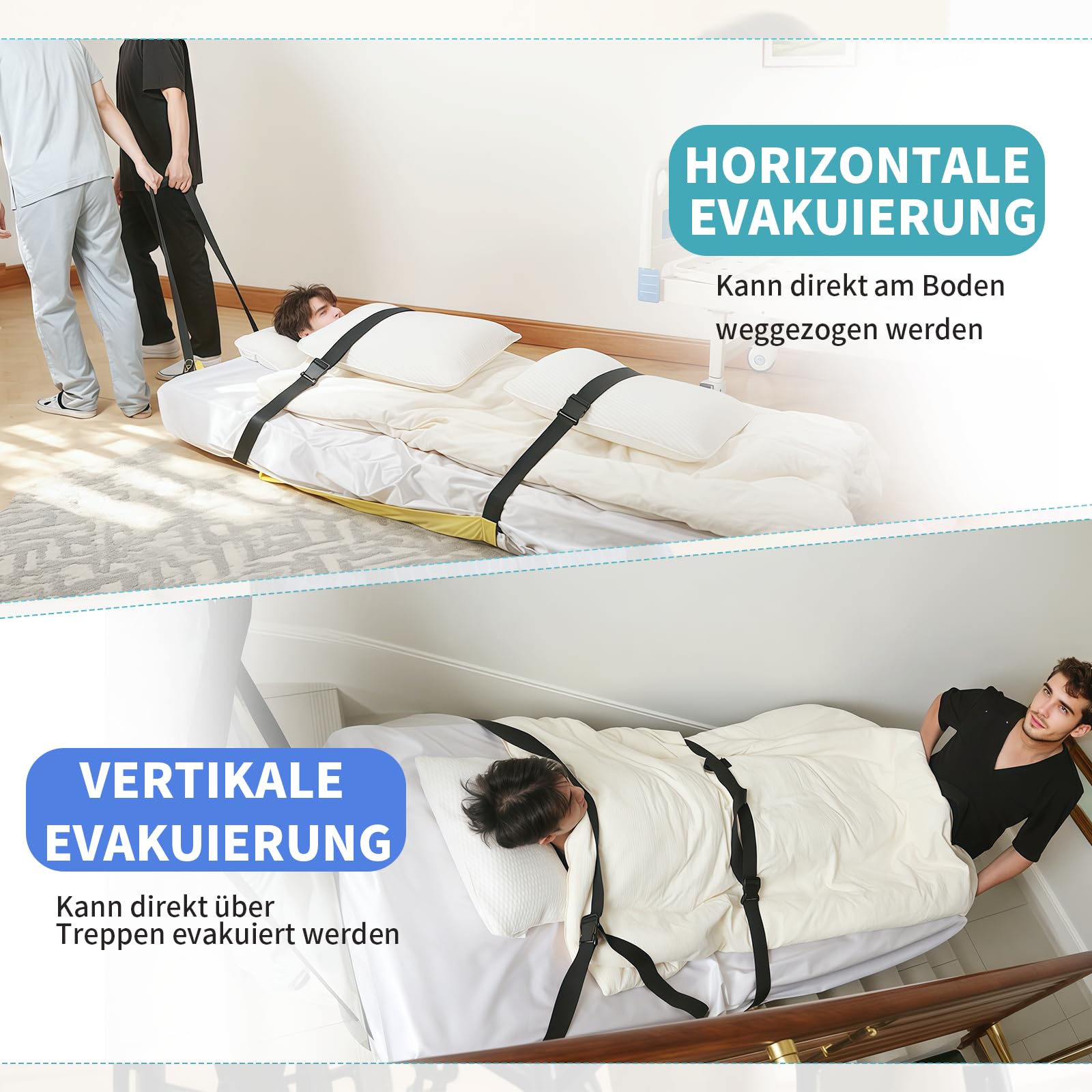 Evakuierungstuch Rettungstuch mit Sicherheitsschnallen für bettlägerige Personen, Notfall Evakuierungsmatte für Patiententransfer, Transferhilfe für Pflegeheim und Zuhause
