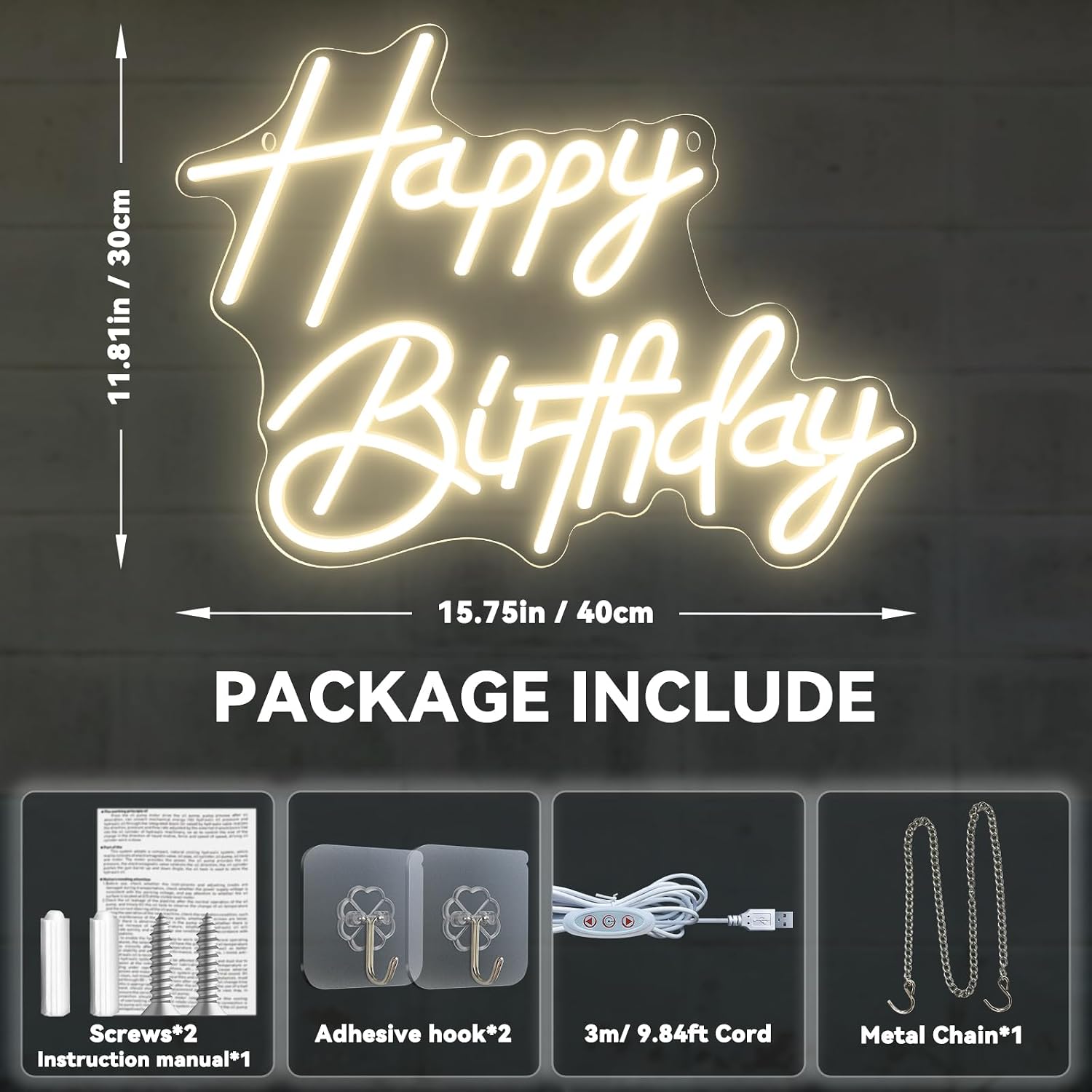 Happy Birthday Neon Sign for Wall Decor, LED Happy Birthday Light Up Sign, Dimmable LED Birthday Neon Light for Birthday Party Decorations Backdrop, Warm White
