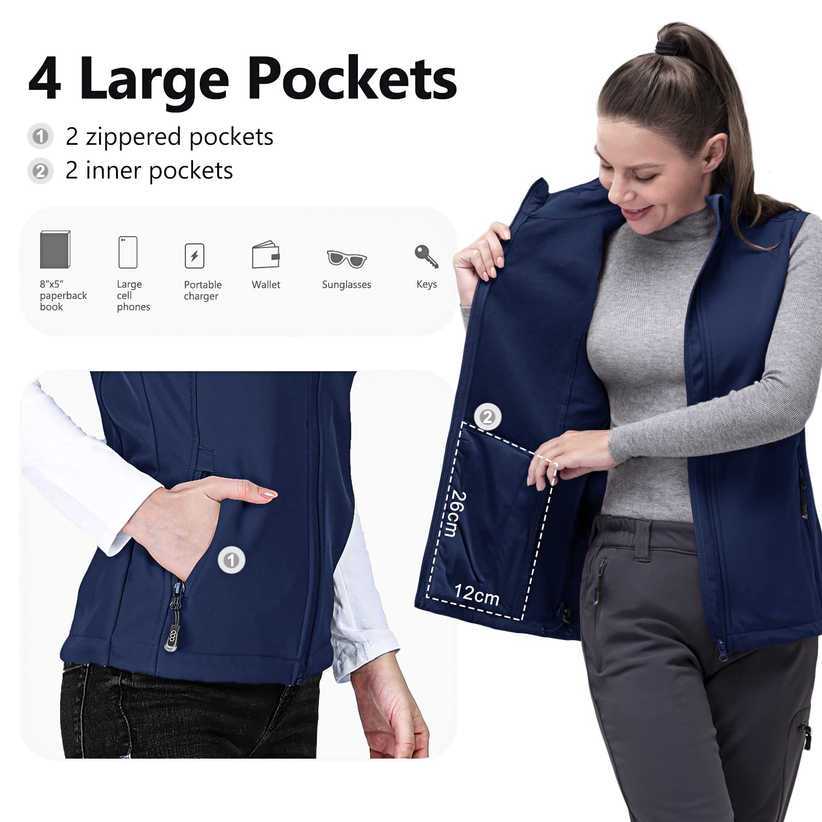 Damen Outdoor Softshell Weste Wasserdicht Ärmellose Jacke Winddichte Fleece für Laufen Golf Wandern 33,000ft