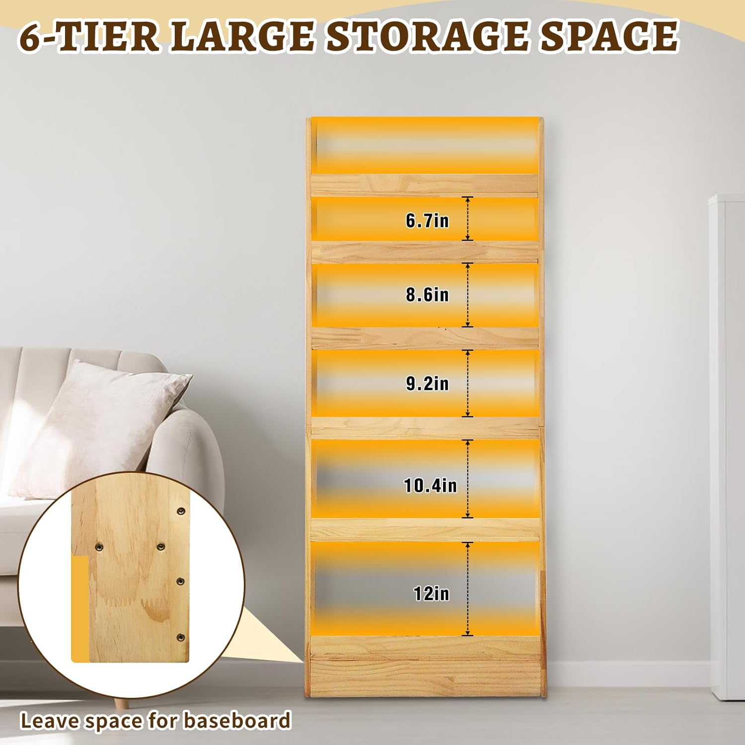 Behind Door Bookshelf Organizer – Solid Wood Wall-Mounted 6-Tier Shelf, No-Paint Eco Design, Space-Saving Storage for Kids & Adults (31.5in)