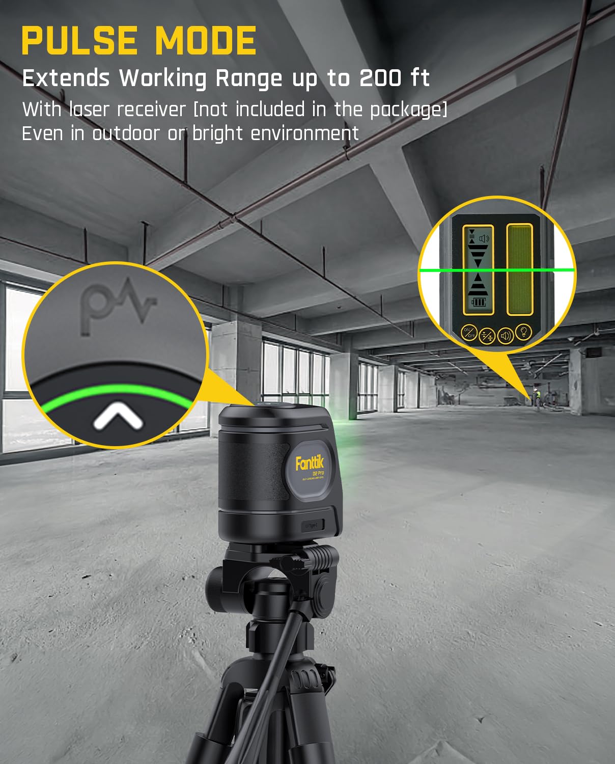 Niveau laser Fanttik D2 PRO, niveau laser autonivelant avec écran LED, ligne verte en croix extérieure de 61 m, faisceau vertical à 130°, batterie rechargeable de 2 600 mAh, base magnétique à 360°
