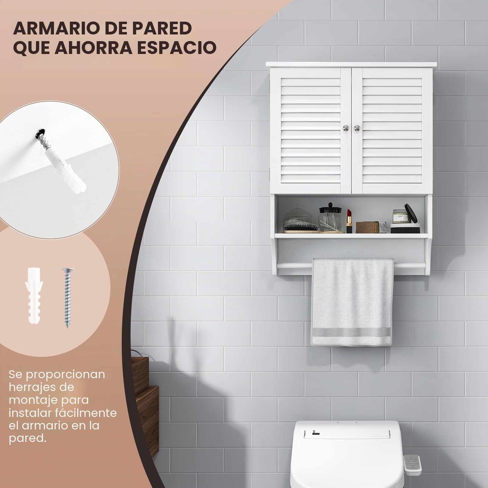 GIANTEX Armario de Pared para Baño, Armario Colgante de Madera con 2 Puertas Persianas, 3 Estantes y 1 Toallero, 60 x 22 x 75 cm, Mueble de Almacenamiento para Baño, Comedor, Entrada (Blanco)