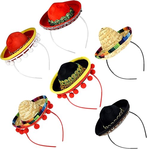 HOVEOX 6 diademas de sombrero para fiesta, sombrero de paja, diadema de tela para fiesta de cinco de mayo, 6 unidades