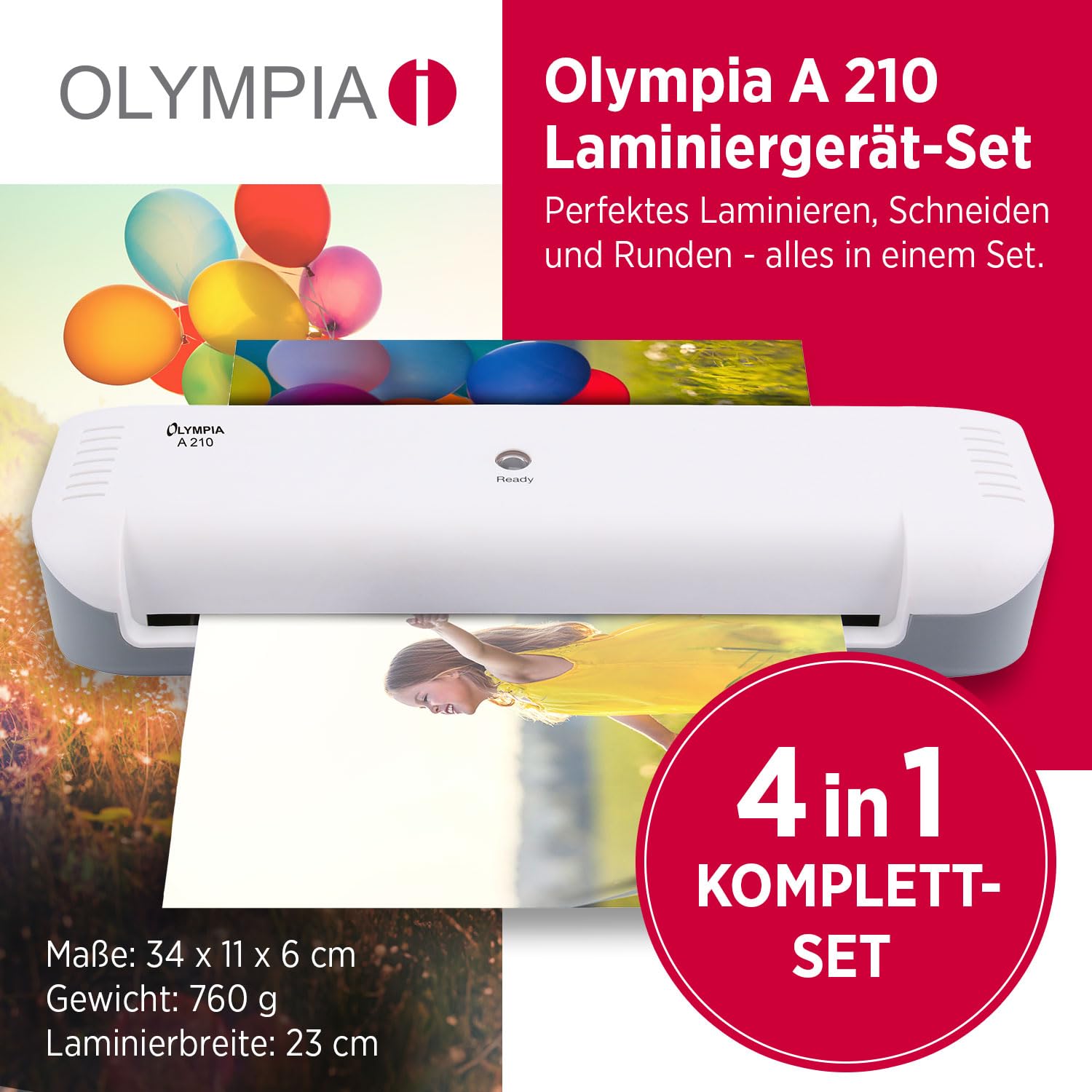 Olympia Wysokiej jakości laminator A210 do DIN A4 zestaw 4 w 1 | bezpieczna ochrona dokumentów przed ochroną, wodą i zagięciami | wysokiej jakości system grzewczy z zabezpieczeniem przed przegrzaniem