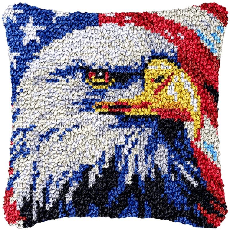 Image of Latch Hook Pillowcase Kits Set Eagle and Flag Cushion Cover Latch Hook Carpet Rug Pillow Cover Throw Pillow Craft Kits with Printed Canvas for Starter - 17 x 17 Inch